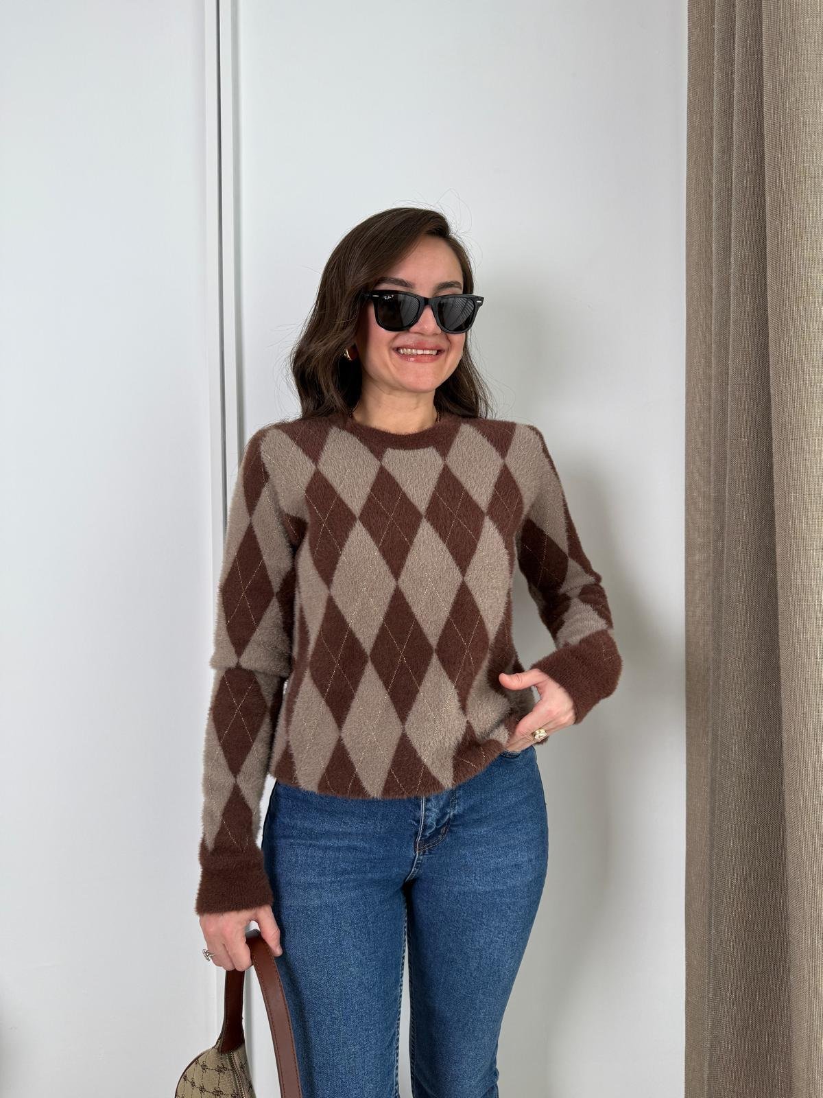 Kahve rengi Sim Geçişli Baklava Desen Triko Kazak 24444