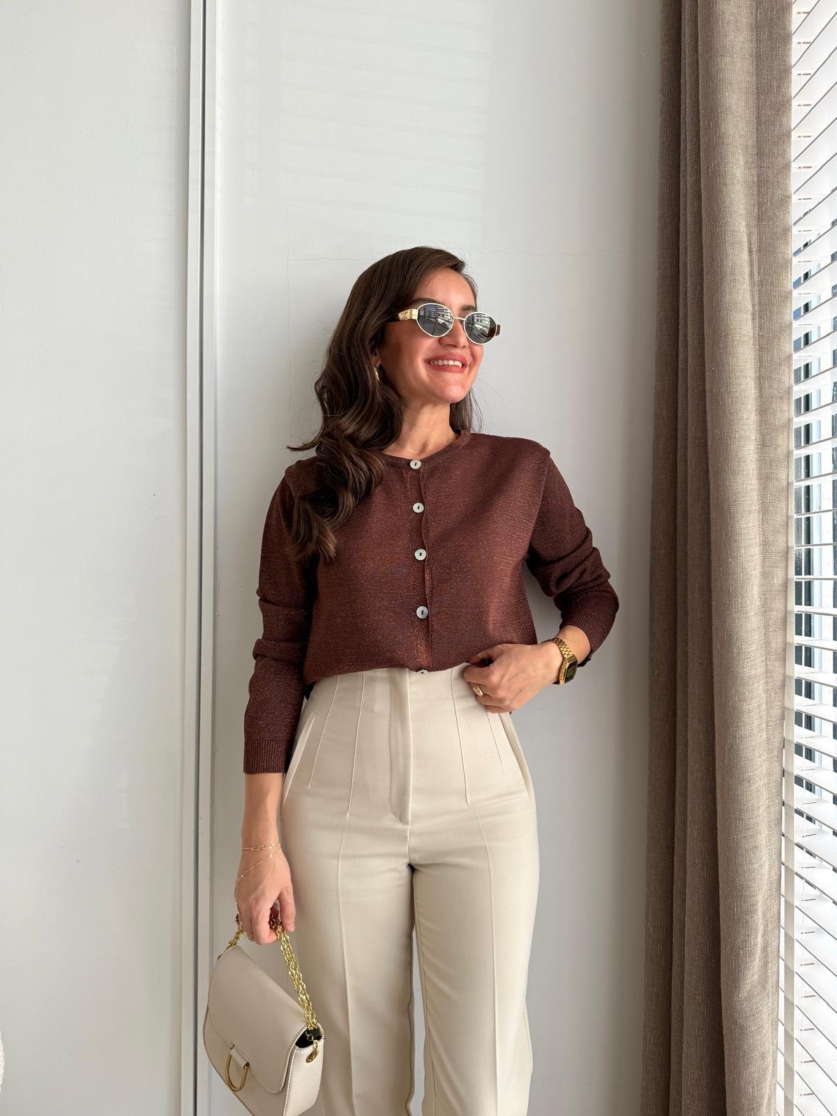 Kahve rengi Sim Geçişli Triko Hırka 251057