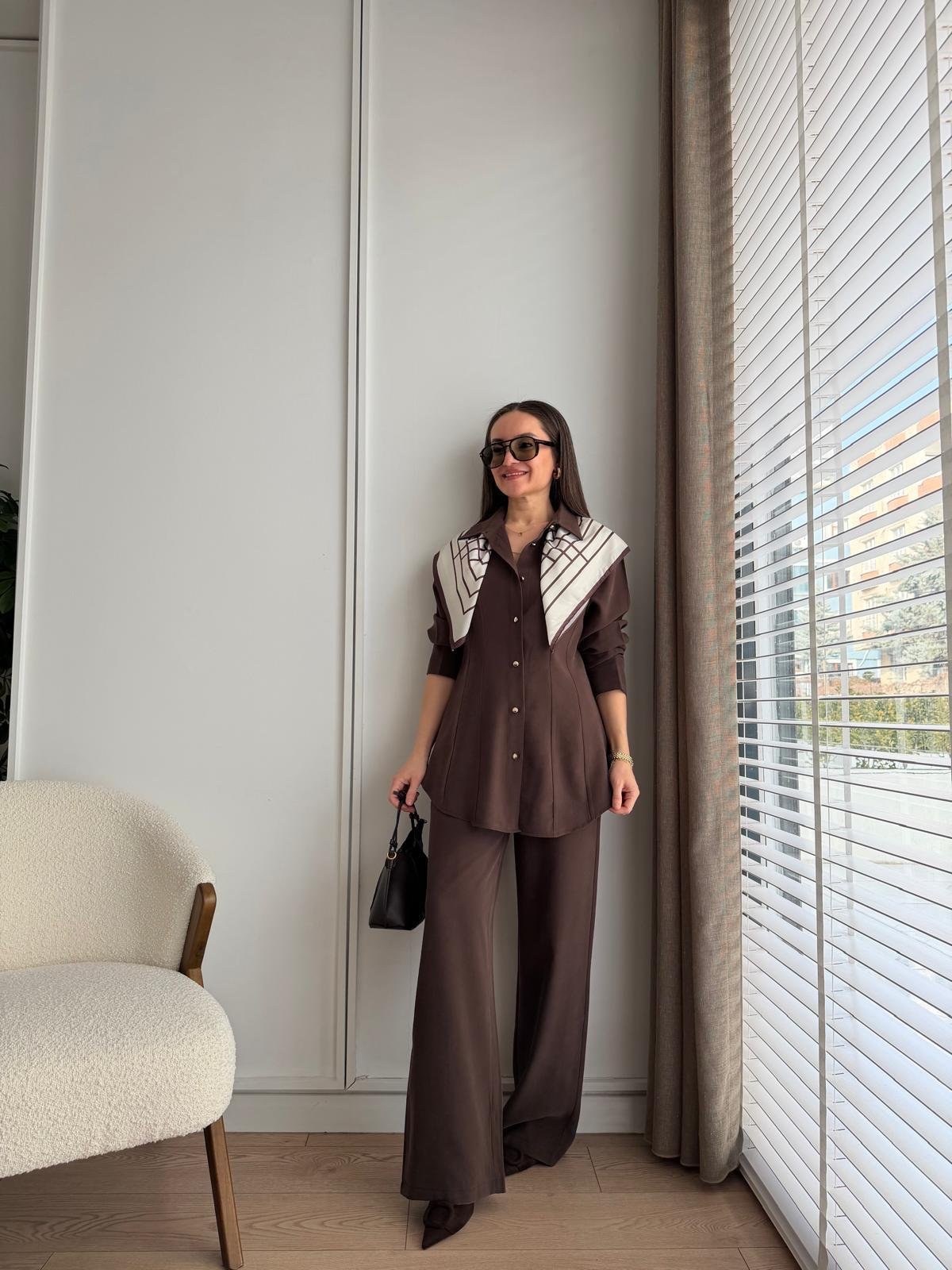 Kahve rengi Slimfit Gömlek Pantolon Takım 8872