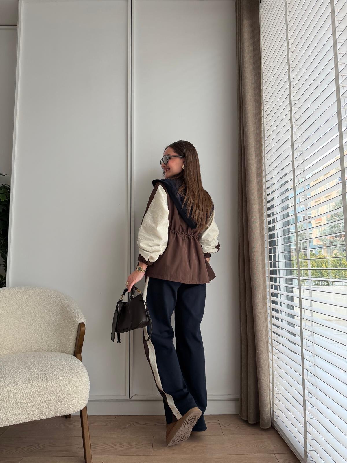 Kahve rengi Tasarım Fermuarlı Kapüşonlu Takım 36754