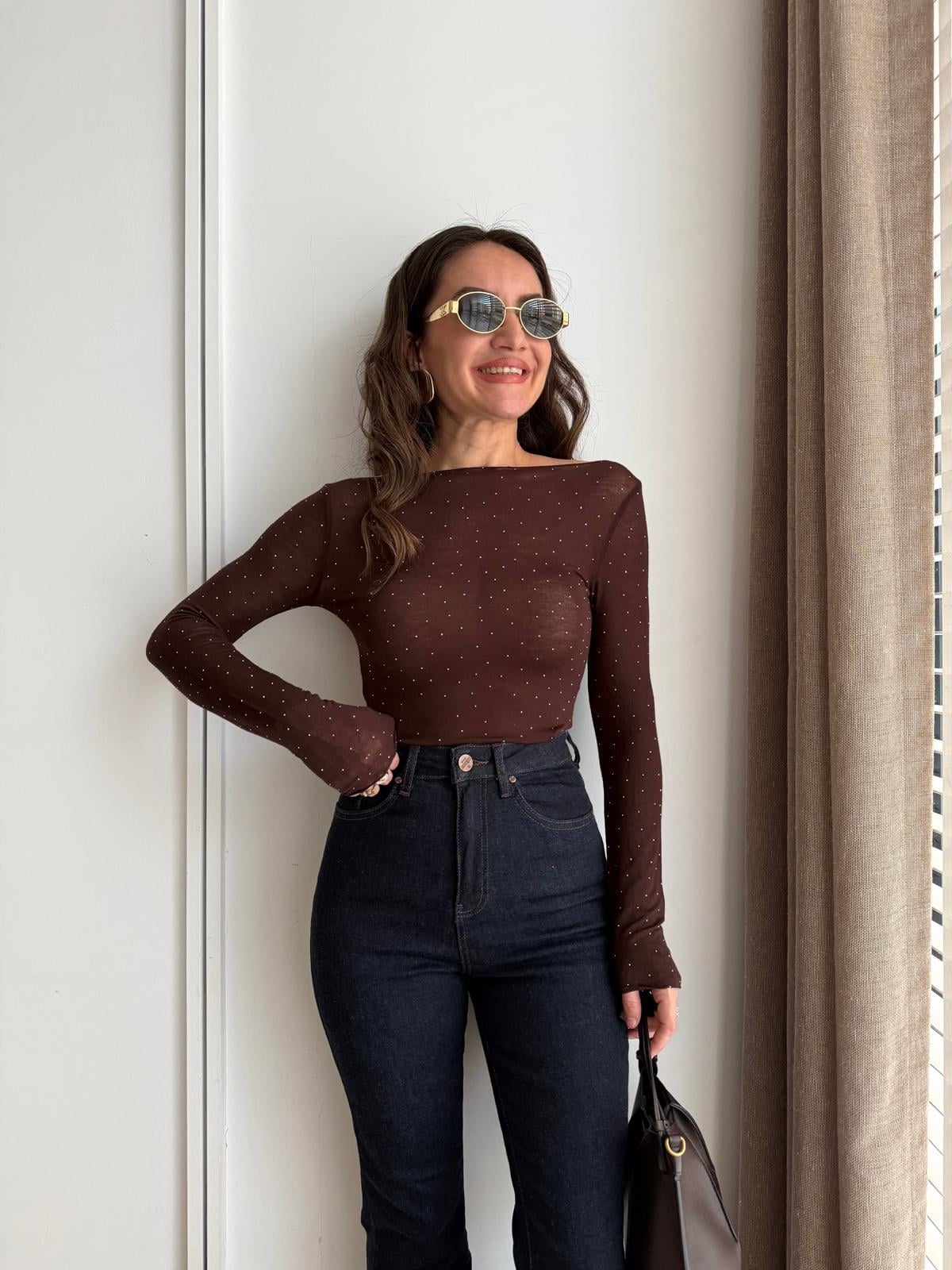 Kahve rengi Taşlı Kaşmir Bluz 17559