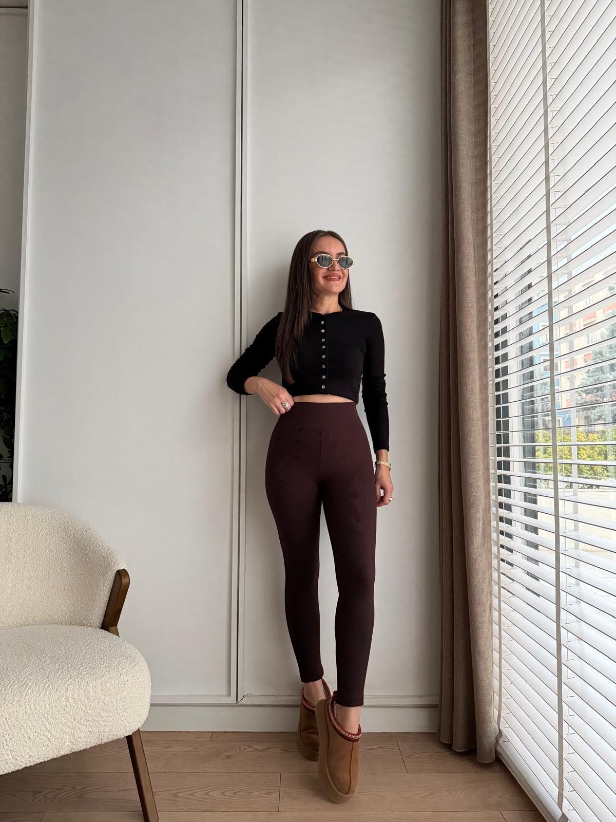 Kahve rengi Toparlayıcı Şardonlu Fitilli Tayt T4279