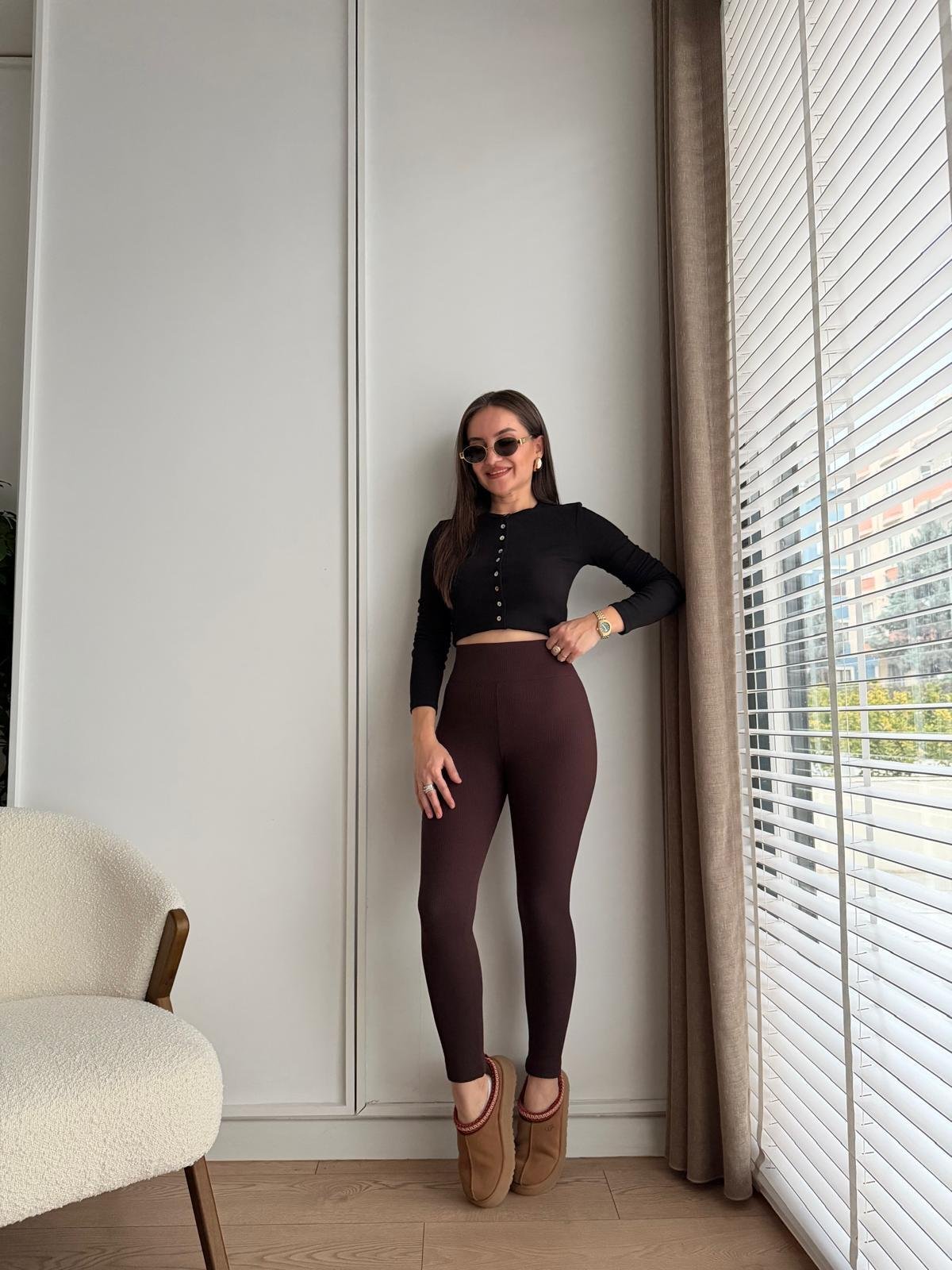 Kahve rengi Toparlayıcı Şardonlu Fitilli Tayt T4279