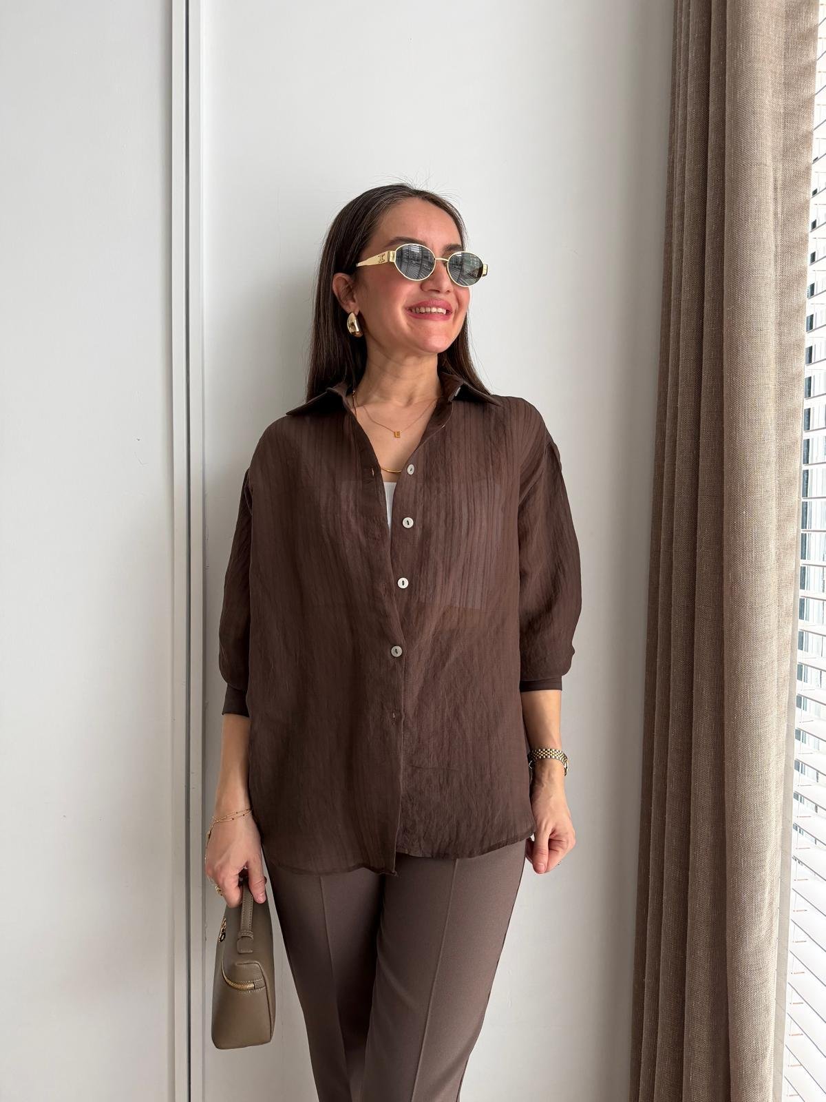 Kahve rengi Transparan Oversize Gömlek 5016