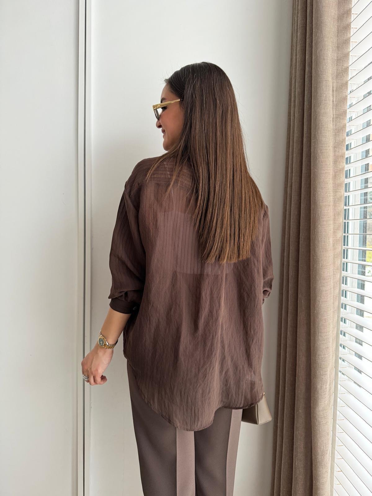 Kahve rengi Transparan Oversize Gömlek 5016