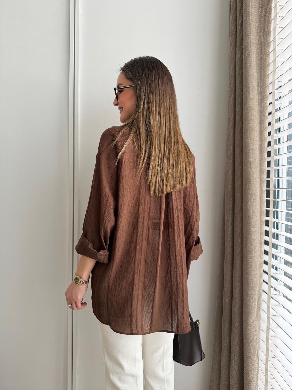 Kahve rengi Transparan Oversize Gömlek 4914