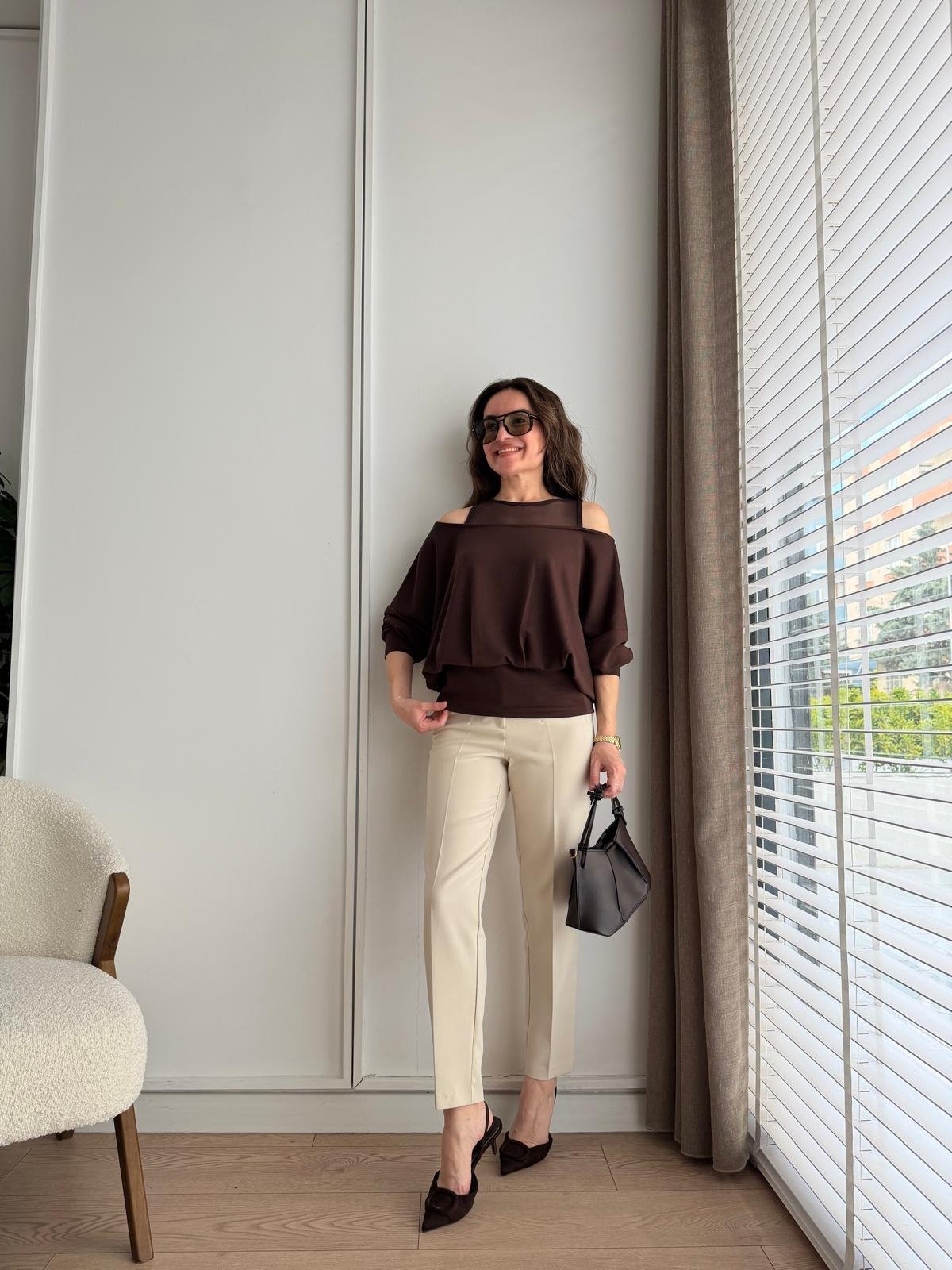 Kahve rengi Tül Askılı Modal Kumaş Bluz 6710