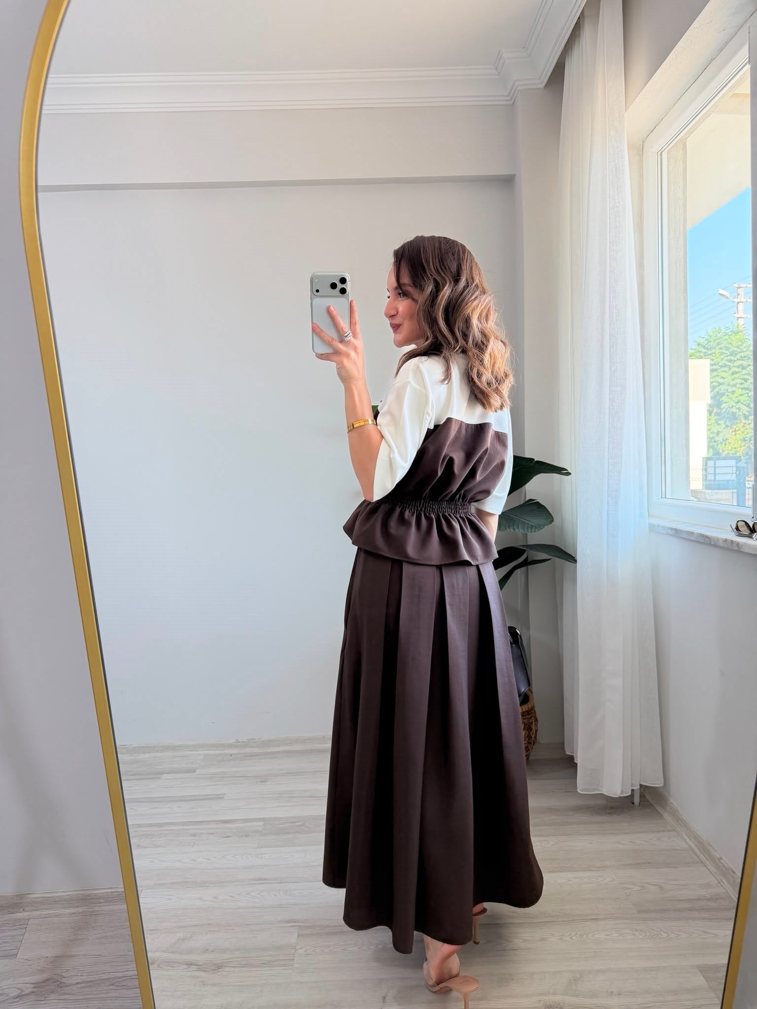 Kahve rengi TWST Model Beli Lastikli Bluz Etek Takım 4168