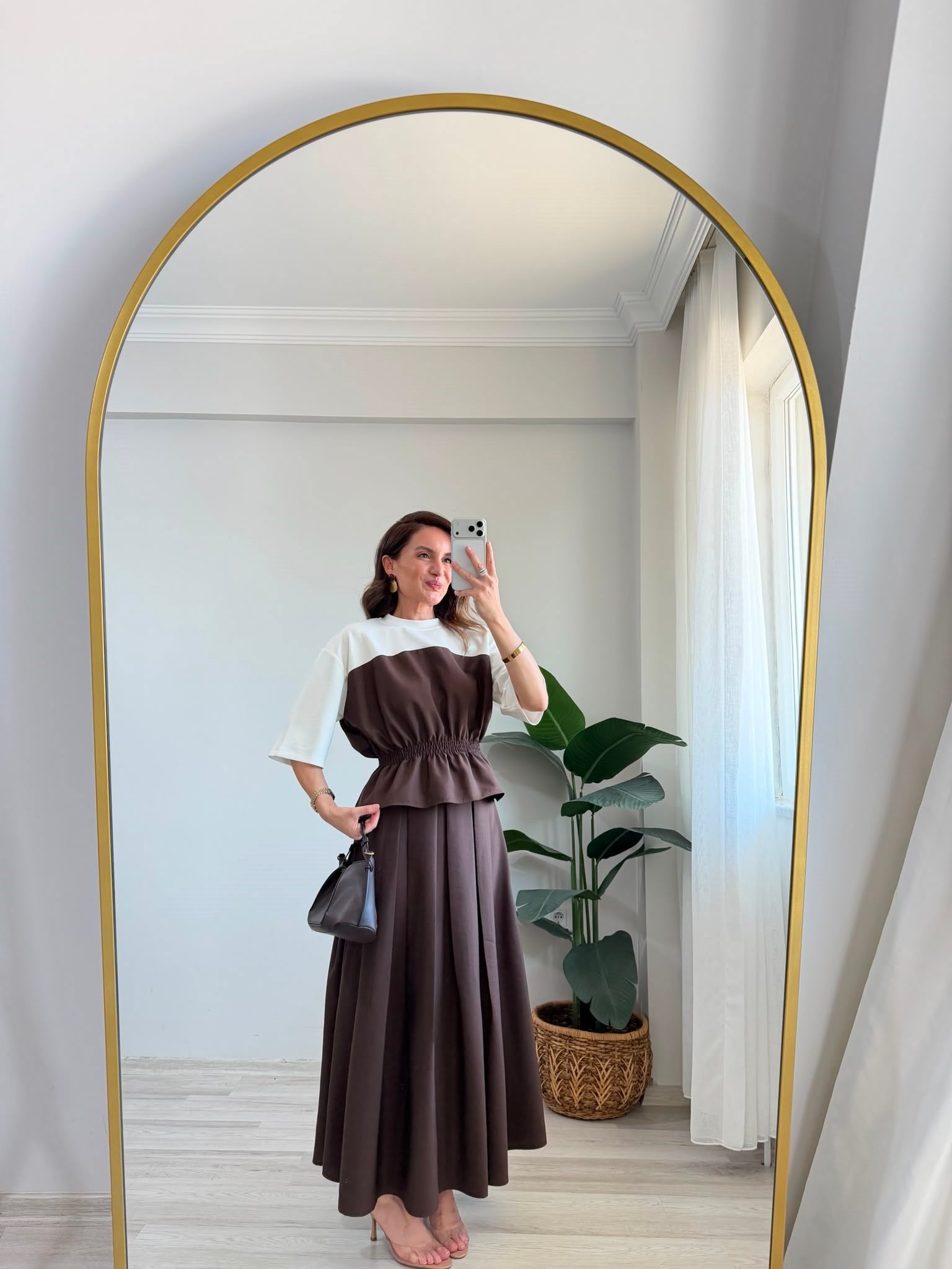 Kahve rengi TWST Model Beli Lastikli Bluz Etek Takım 4168