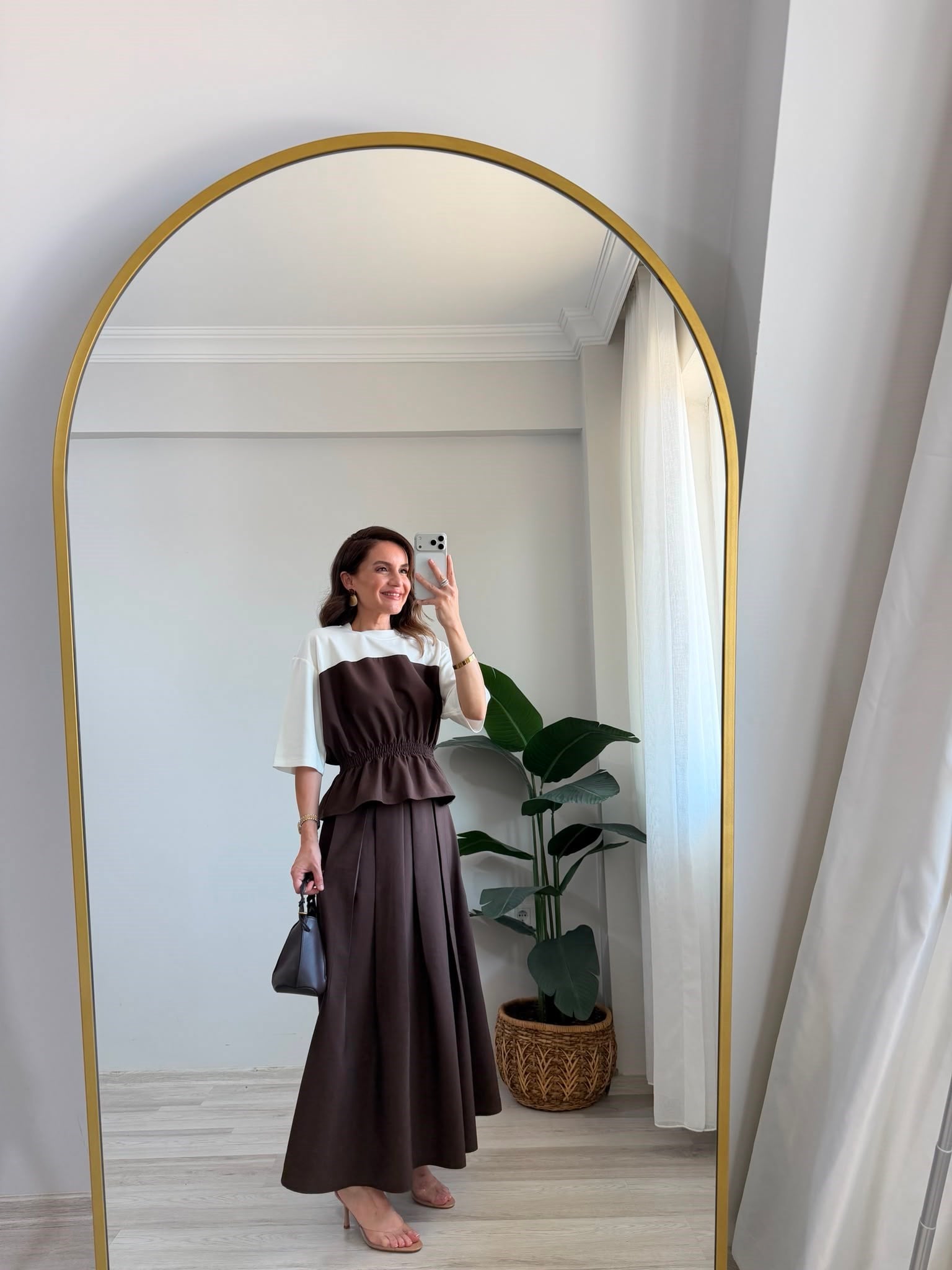 Kahve rengi TWST Model Beli Lastikli Bluz Etek Takım 4168