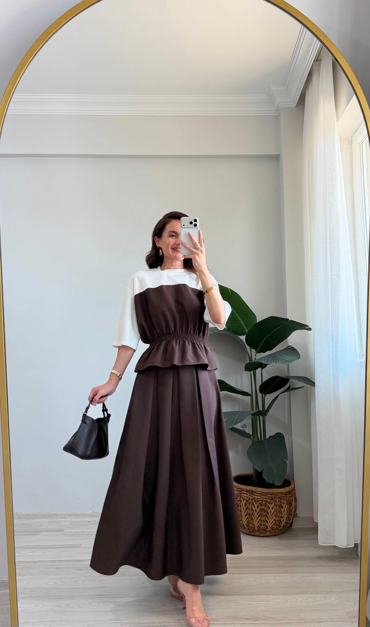 Kahve rengi TWST Model Beli Lastikli Bluz Etek Takım 4168