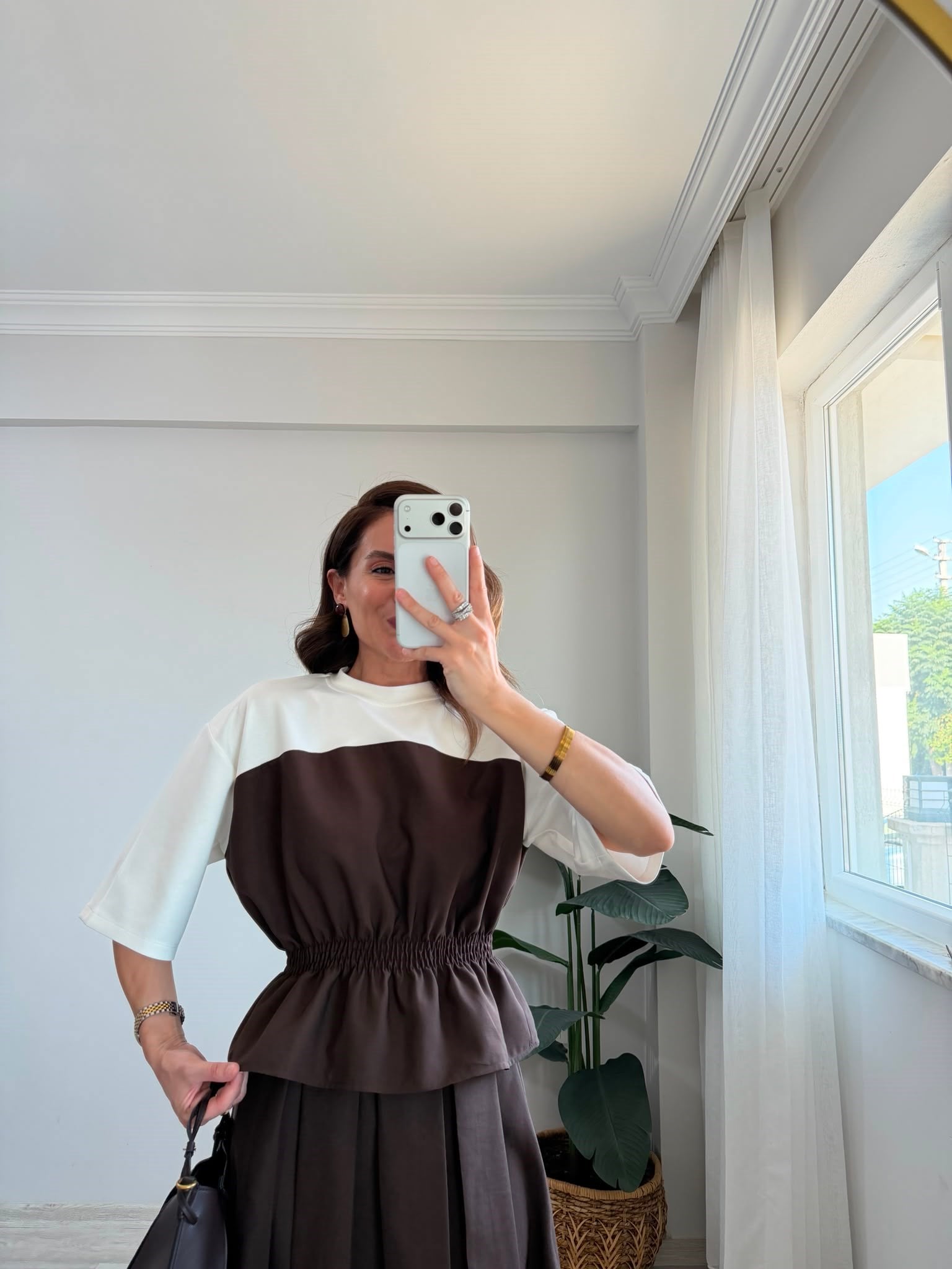 Kahve rengi TWST Model Beli Lastikli Bluz Etek Takım 4168