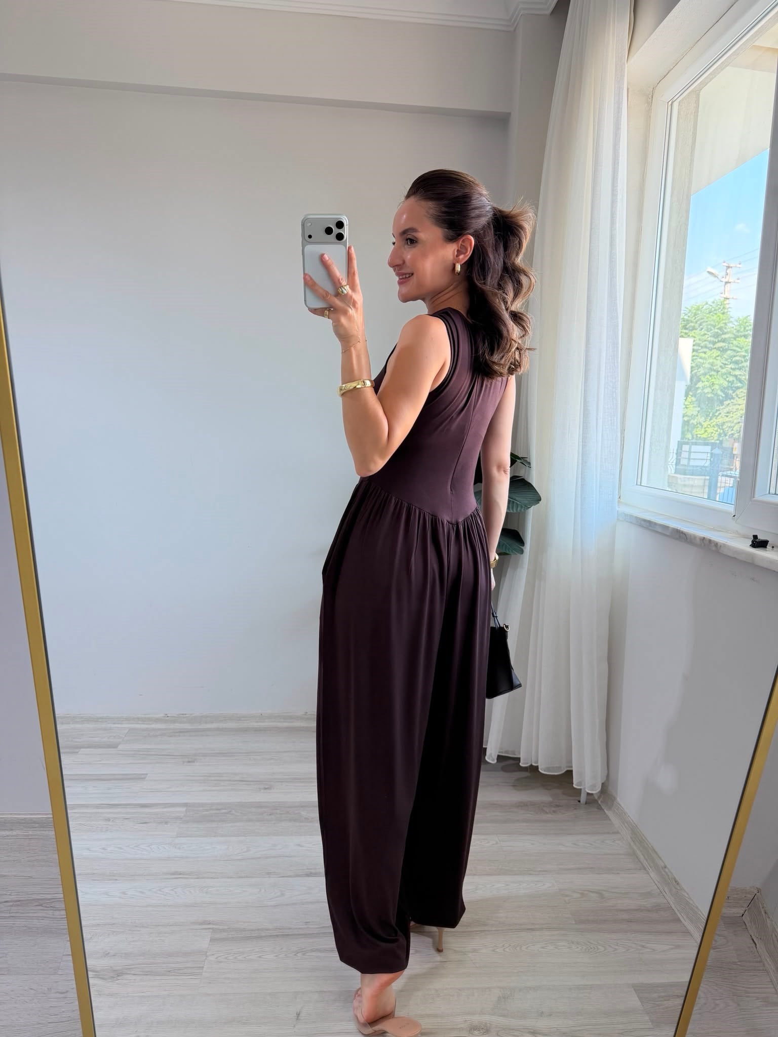 Kahve rengi V Bel Dikişli Balon Paça Tulum 4144