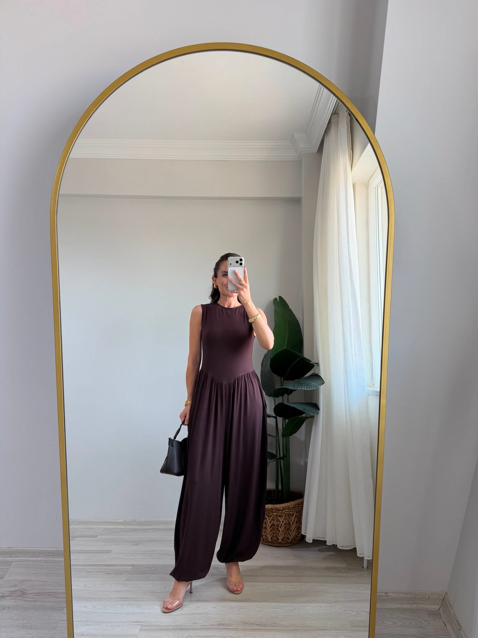 Kahve rengi V Bel Dikişli Balon Paça Tulum 4144