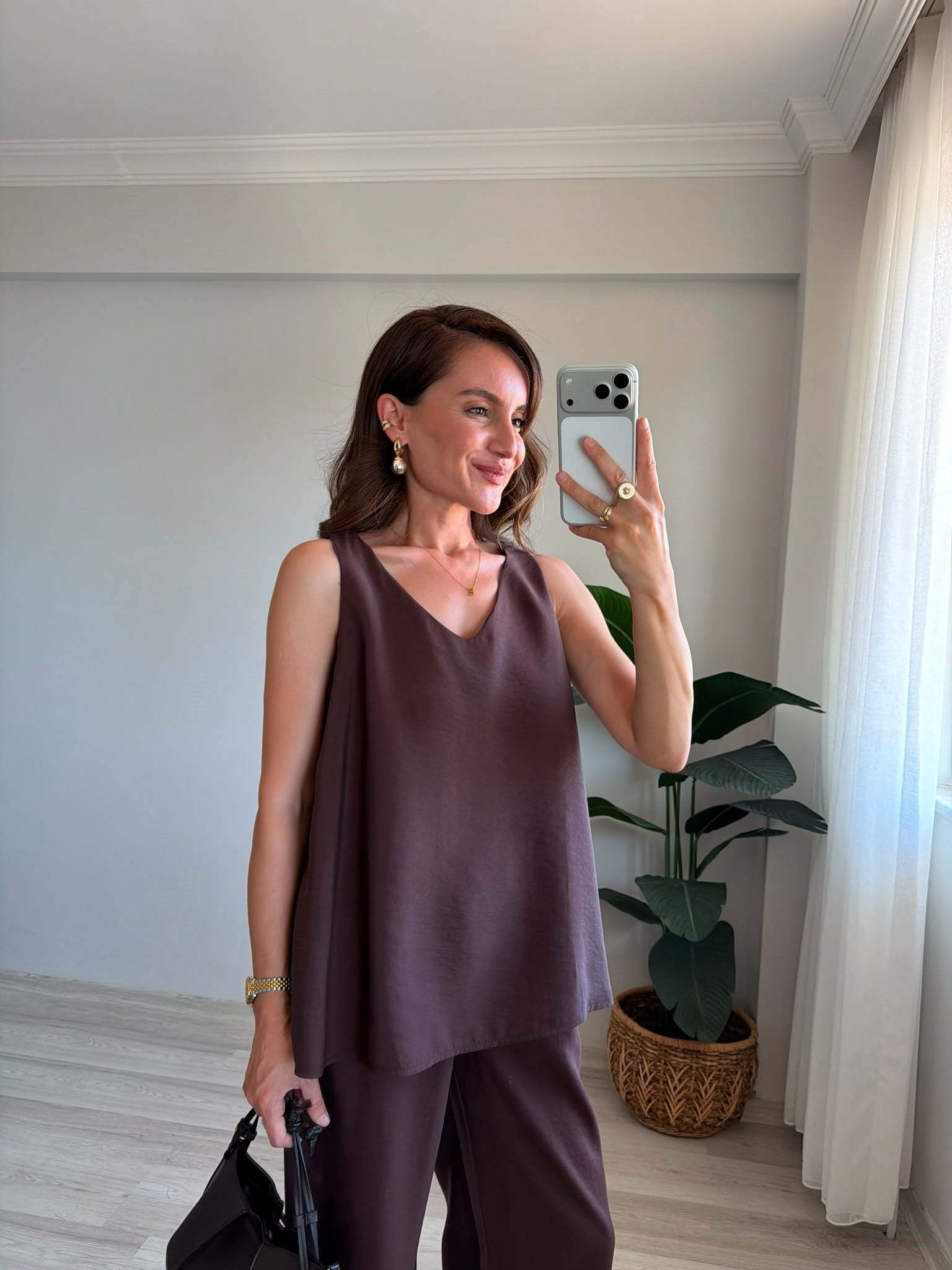 Kahve rengi V Yaka Tensel Palazzo Takım 3142