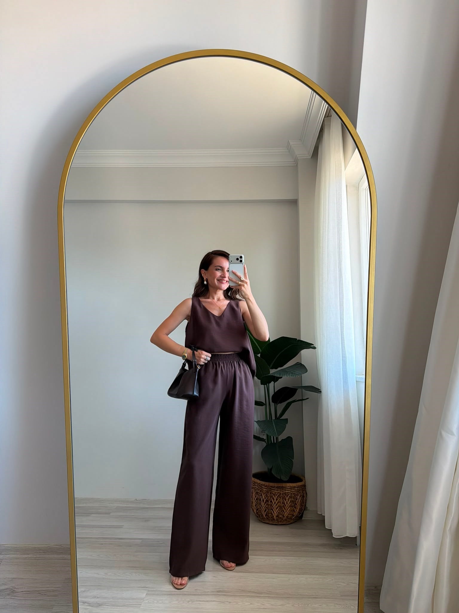 Kahve rengi V Yaka Tensel Palazzo Takım 3142