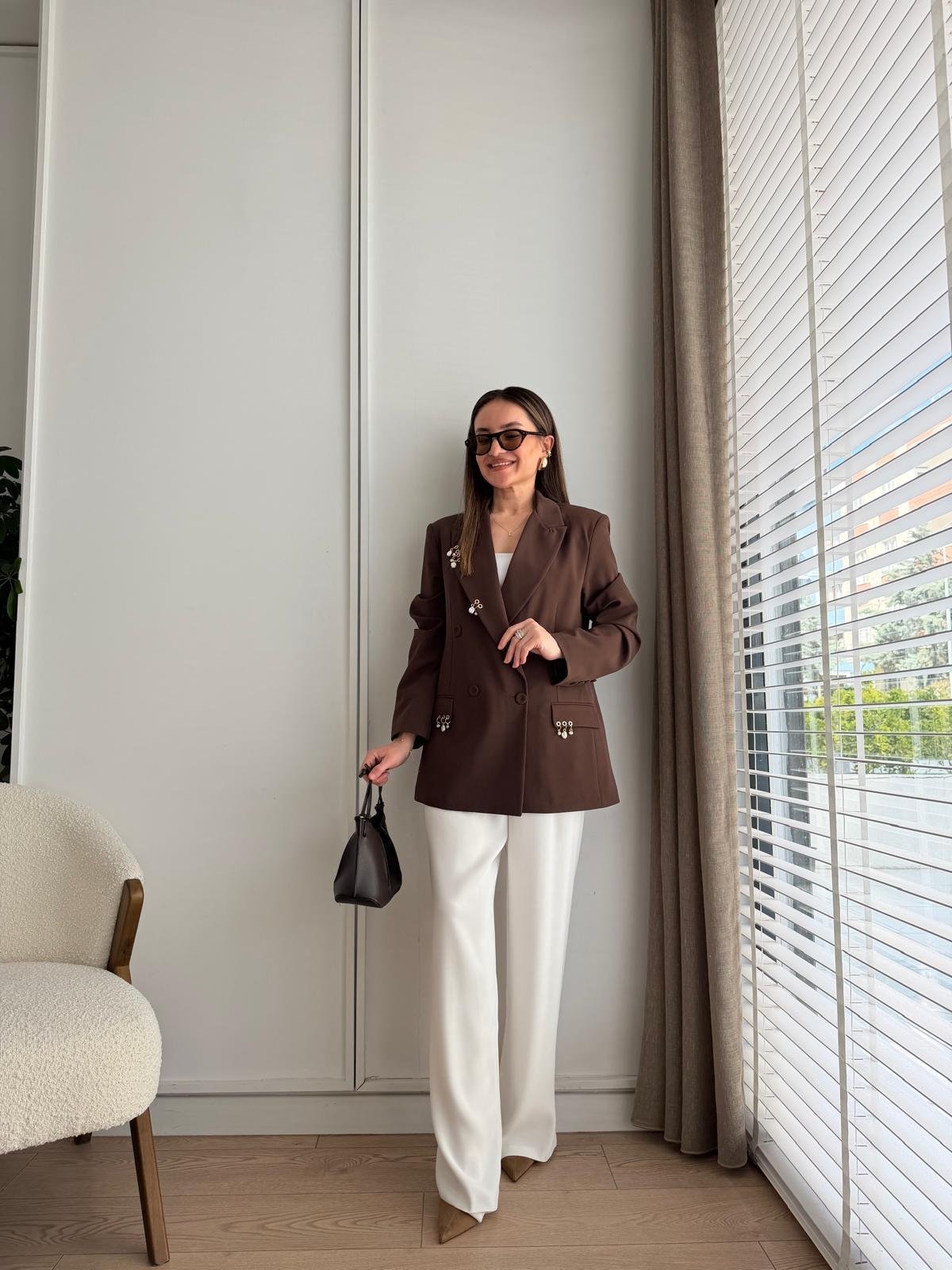 Kahve rengi Vatkalı Aksesuar Detaylı Blazer Ceket 580576