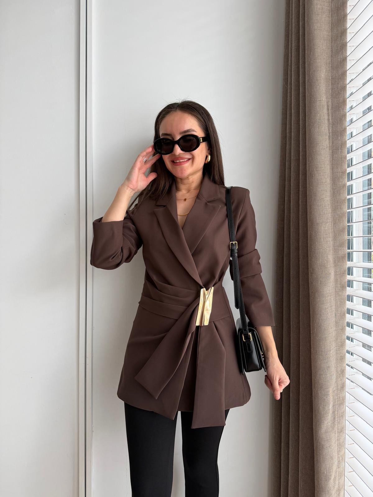 Kahve rengi Vatkalı Bağlama Detaylı Blazer Ceket 0767