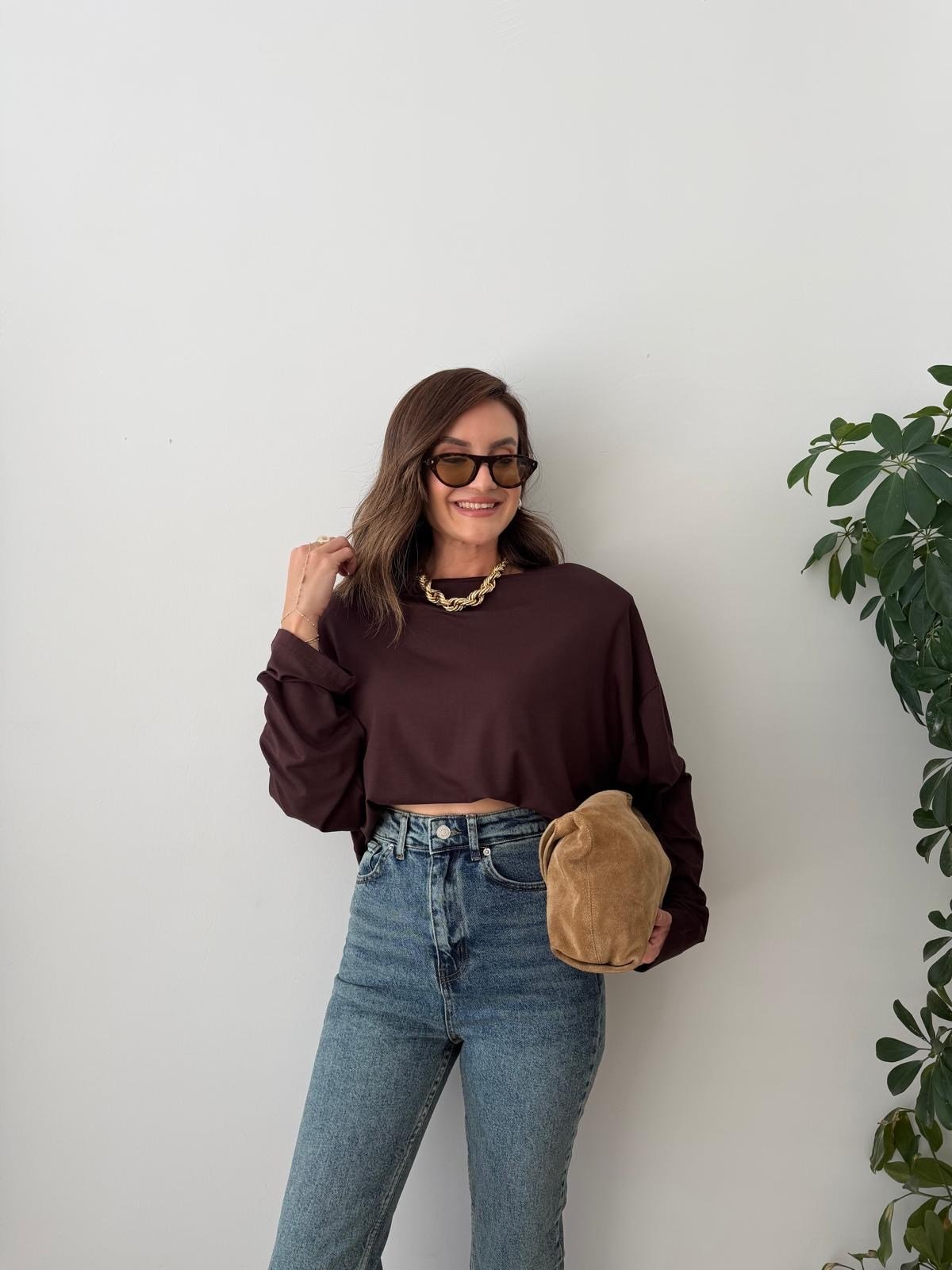 Kahve rengi Vatkalı Bluz 1124