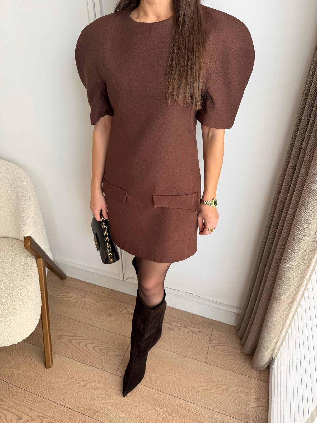 Kahve rengi Vatkalı Cep Detaylı Mini Boy Elbise 5234