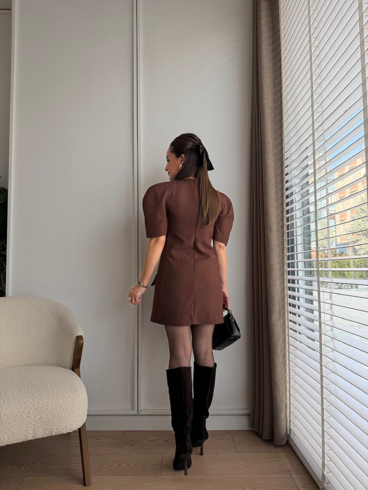 Kahve rengi Vatkalı Cep Detaylı Mini Boy Elbise 5234