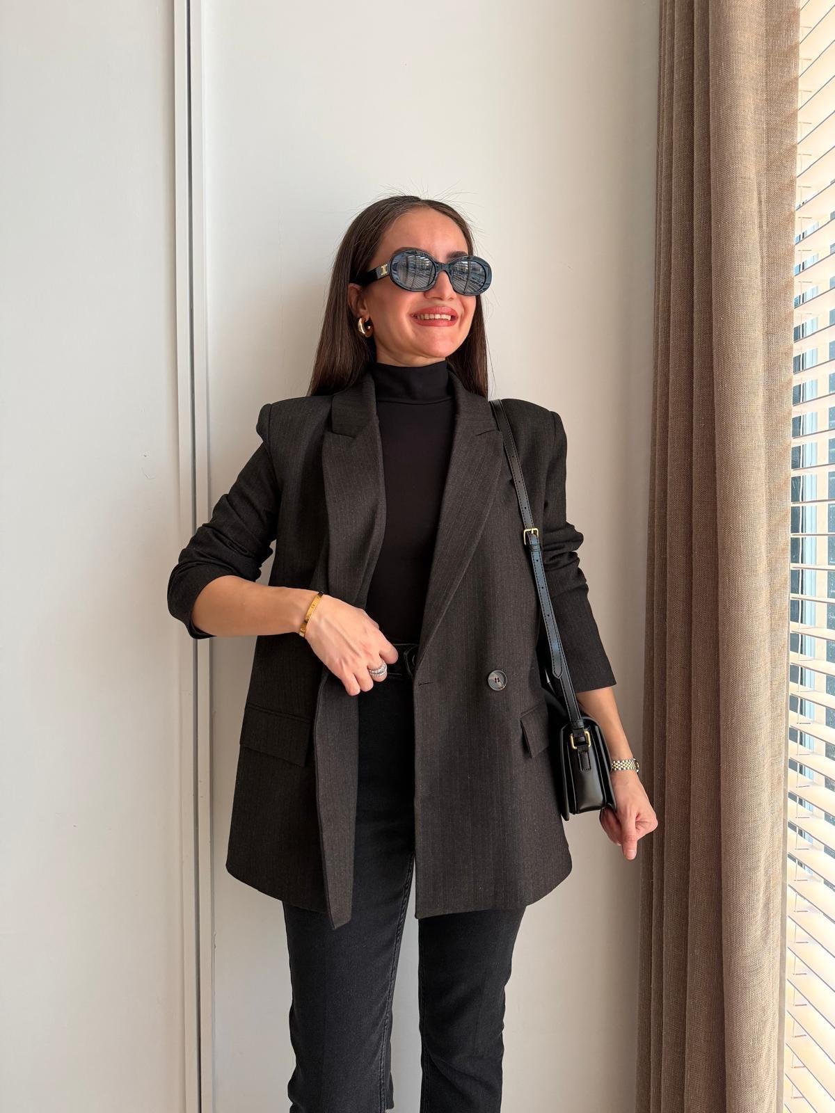 Kahve rengi Vatkalı Çizgili Blazer Ceket 17165