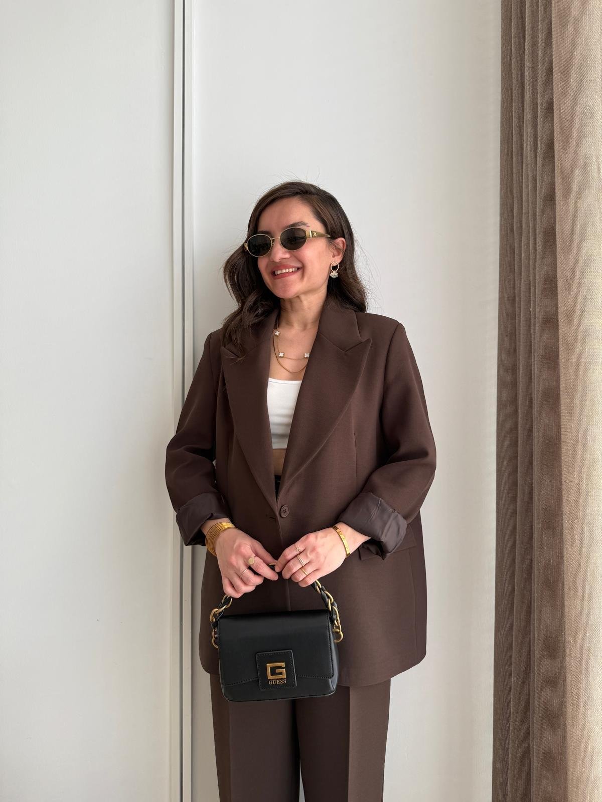 Kahve rengi Vatkalı Düğmeli Blazer Ceket 7462