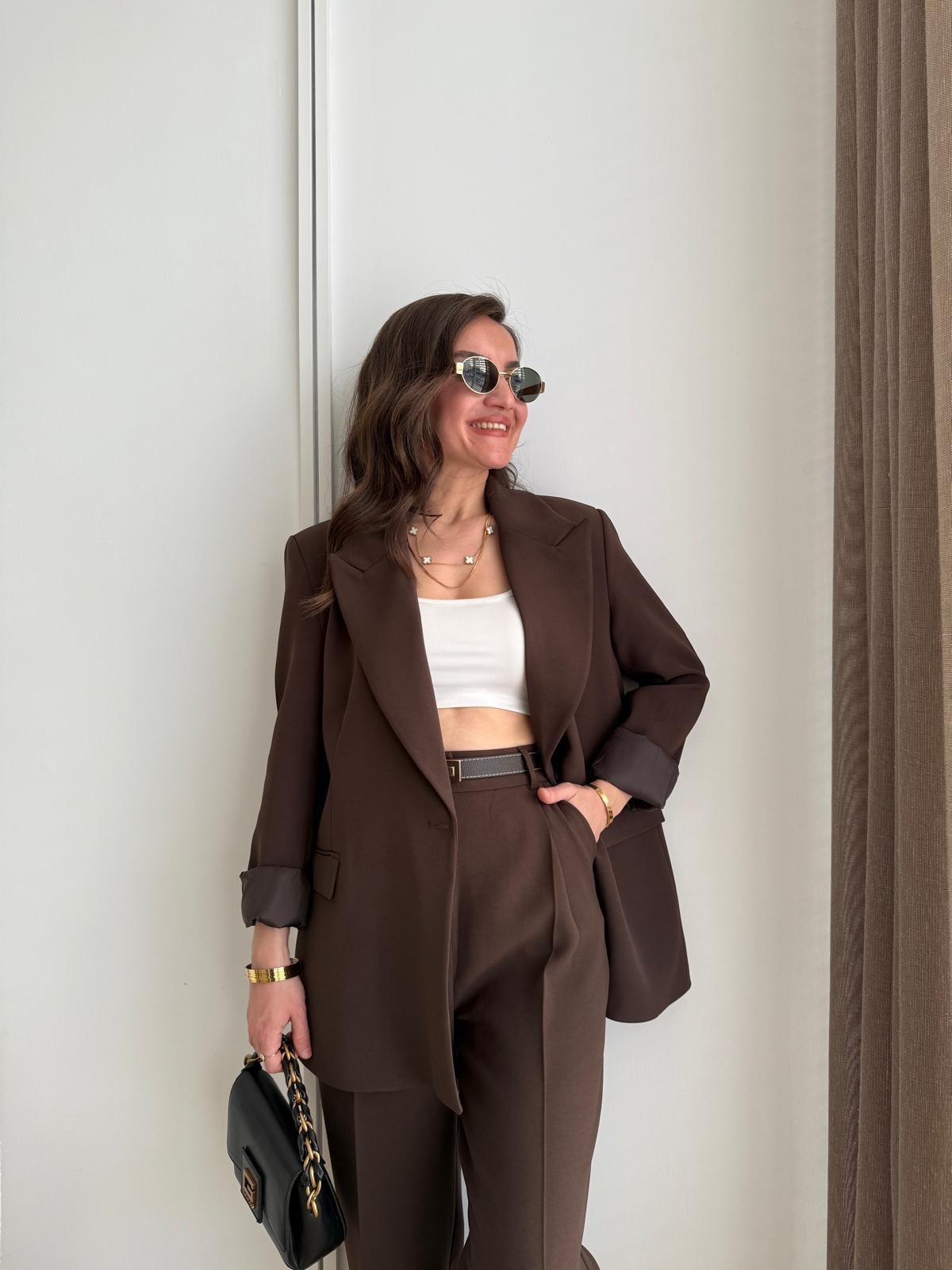 Kahve rengi Vatkalı Düğmeli Blazer Ceket 7462