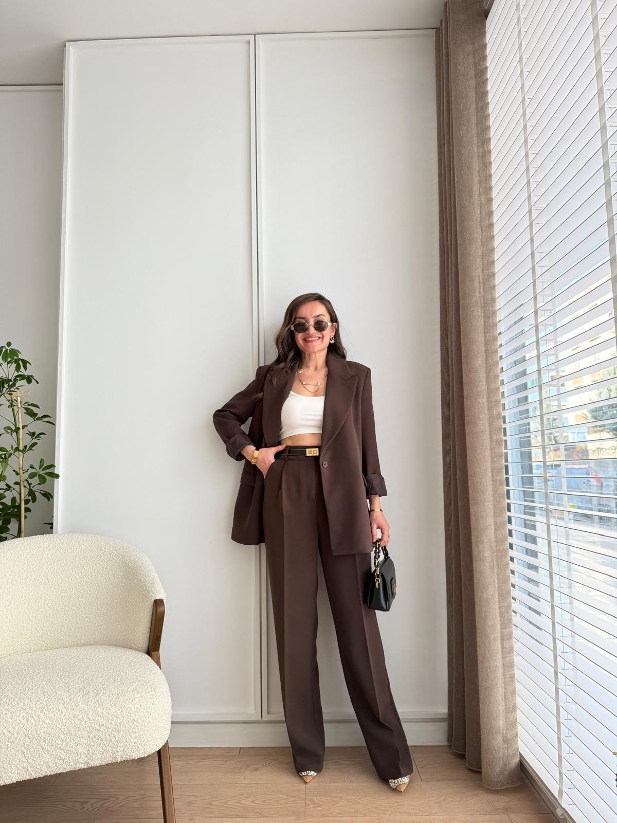 Kahve rengi Vatkalı Düğmeli Blazer Ceket 7462
