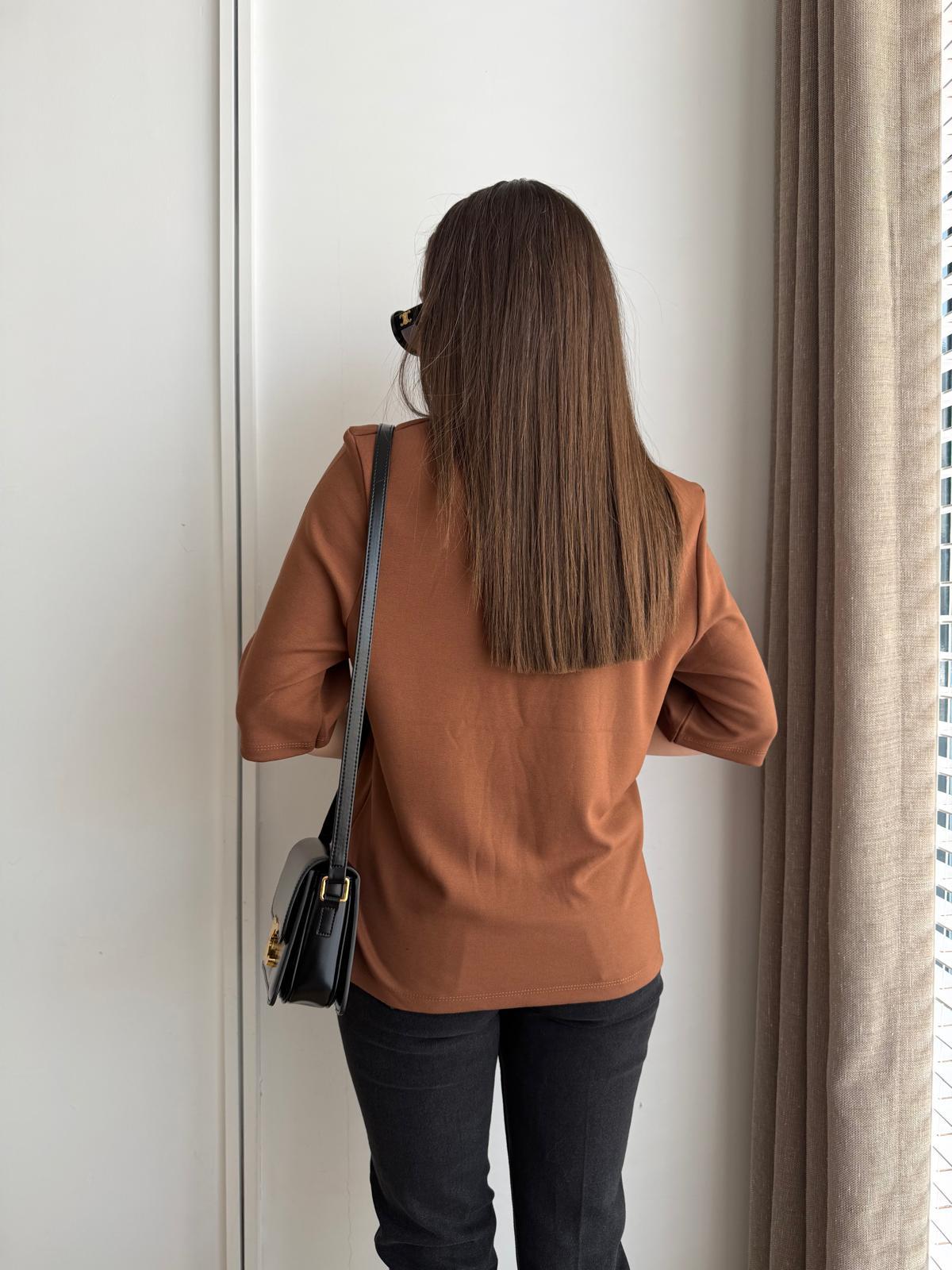 Kahve rengi Vatkalı Kısa Kol Tshirt 1431