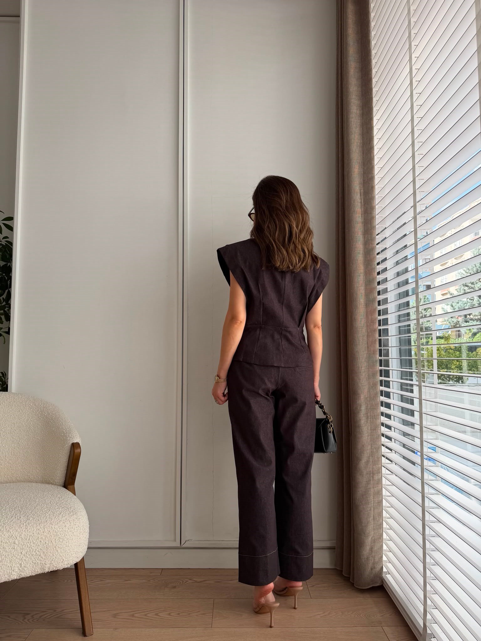 Kahve rengi Vatkalı Pens Detaylı Denim Takım 3829