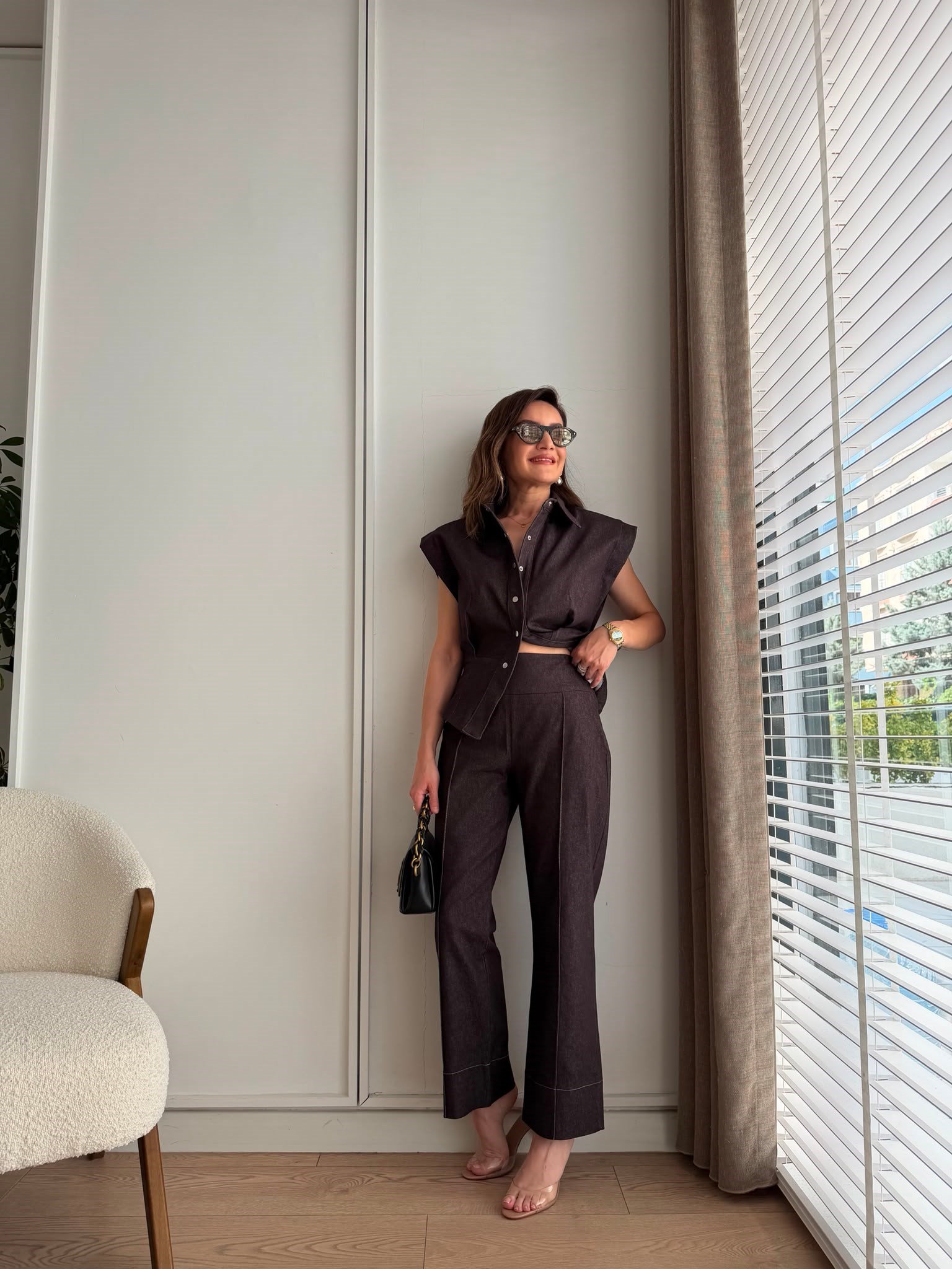 Kahve rengi Vatkalı Pens Detaylı Denim Takım 3829