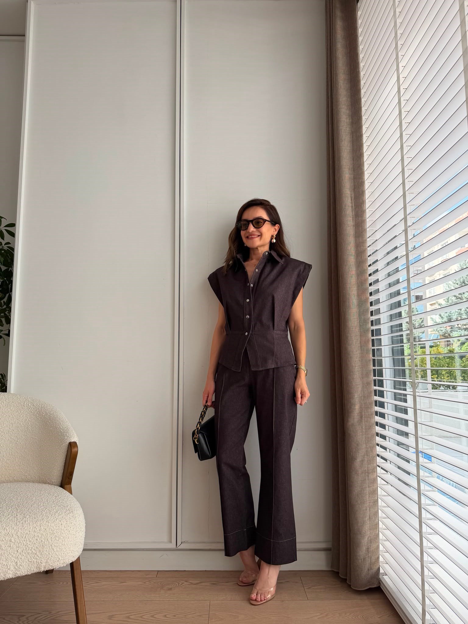 Kahve rengi Vatkalı Pens Detaylı Denim Takım 3829