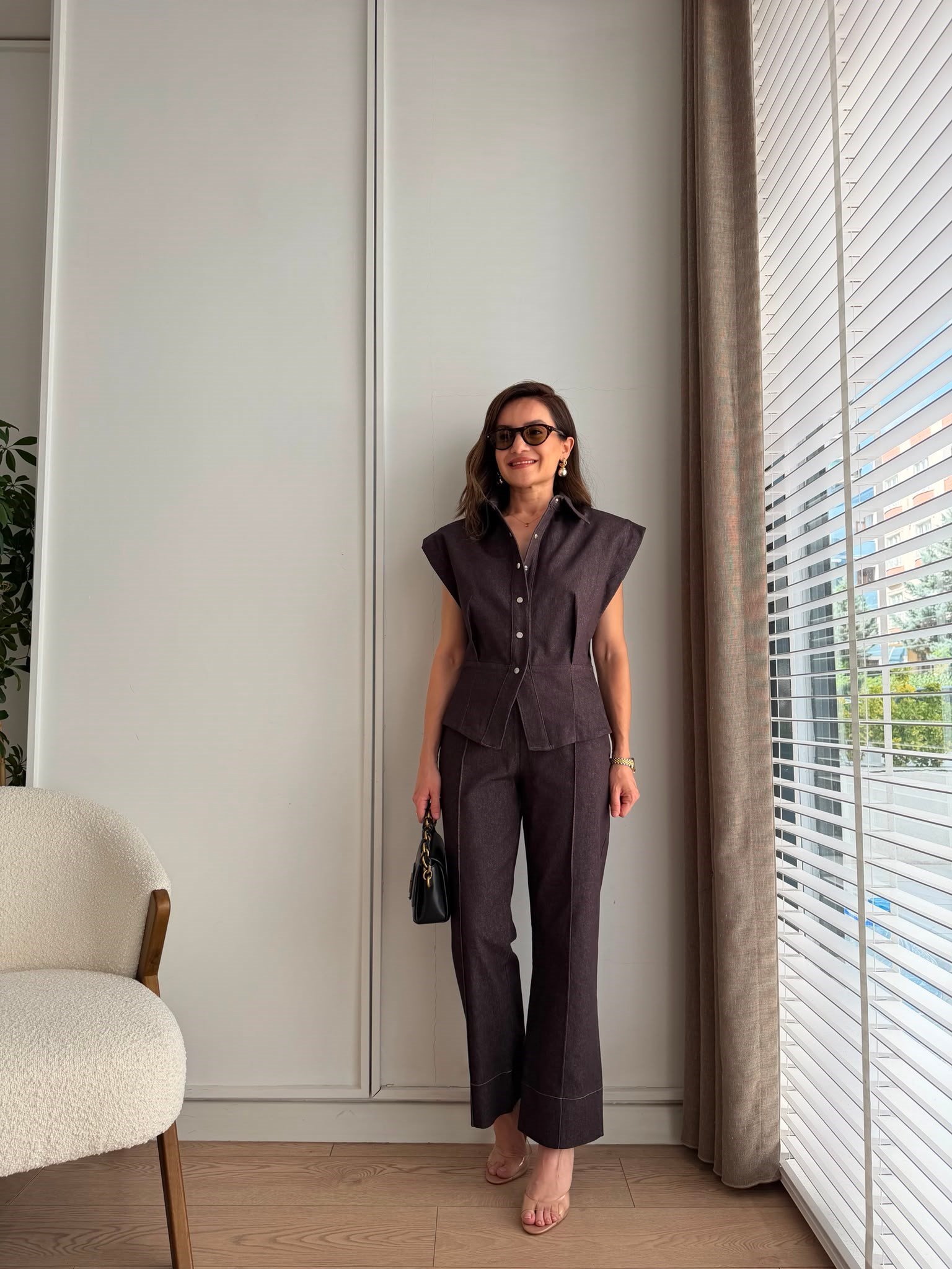 Kahve rengi Vatkalı Pens Detaylı Denim Takım 3829