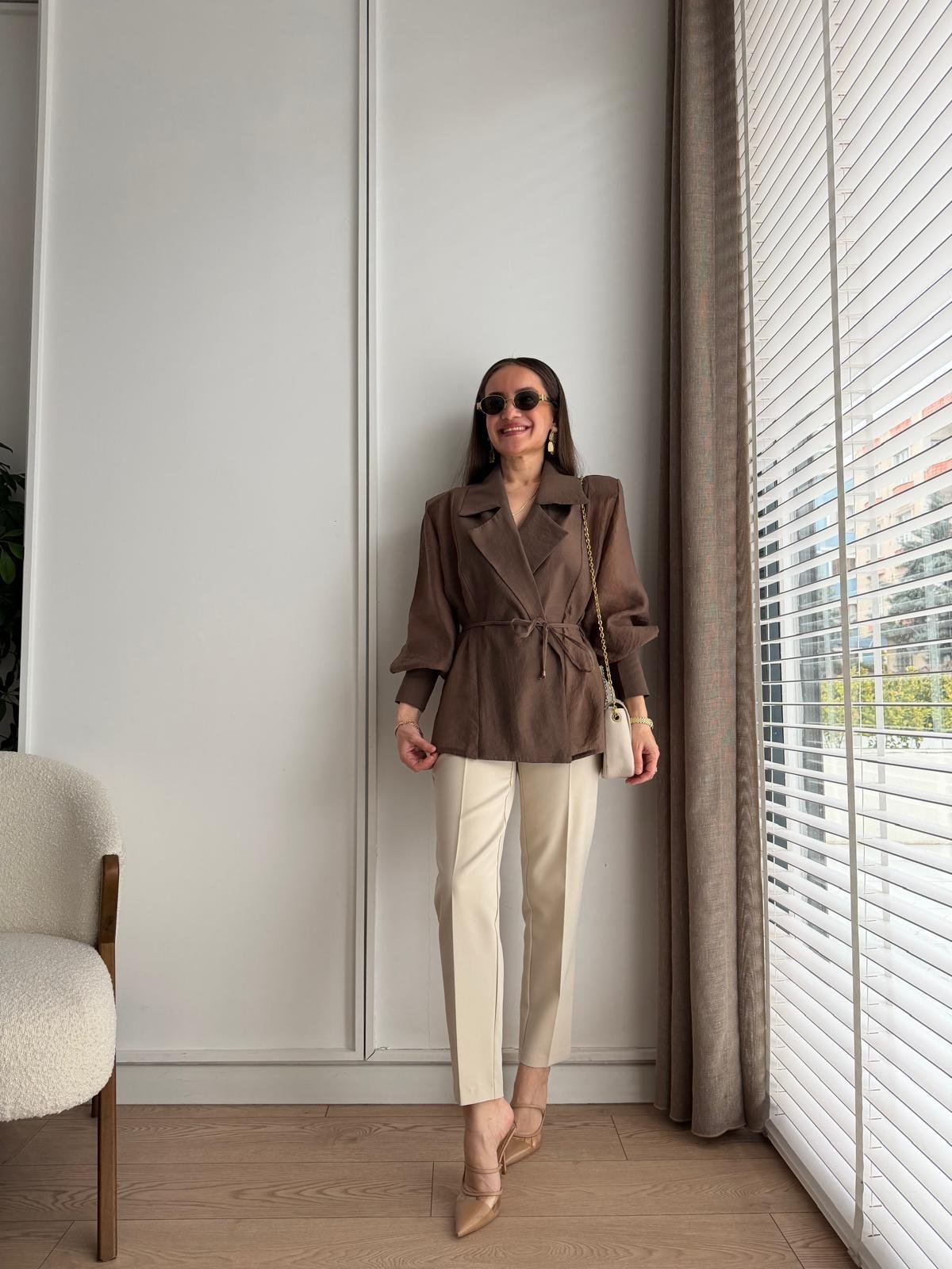 Kahve rengi Vatkalı Transparan Kimono Gömlek 5029