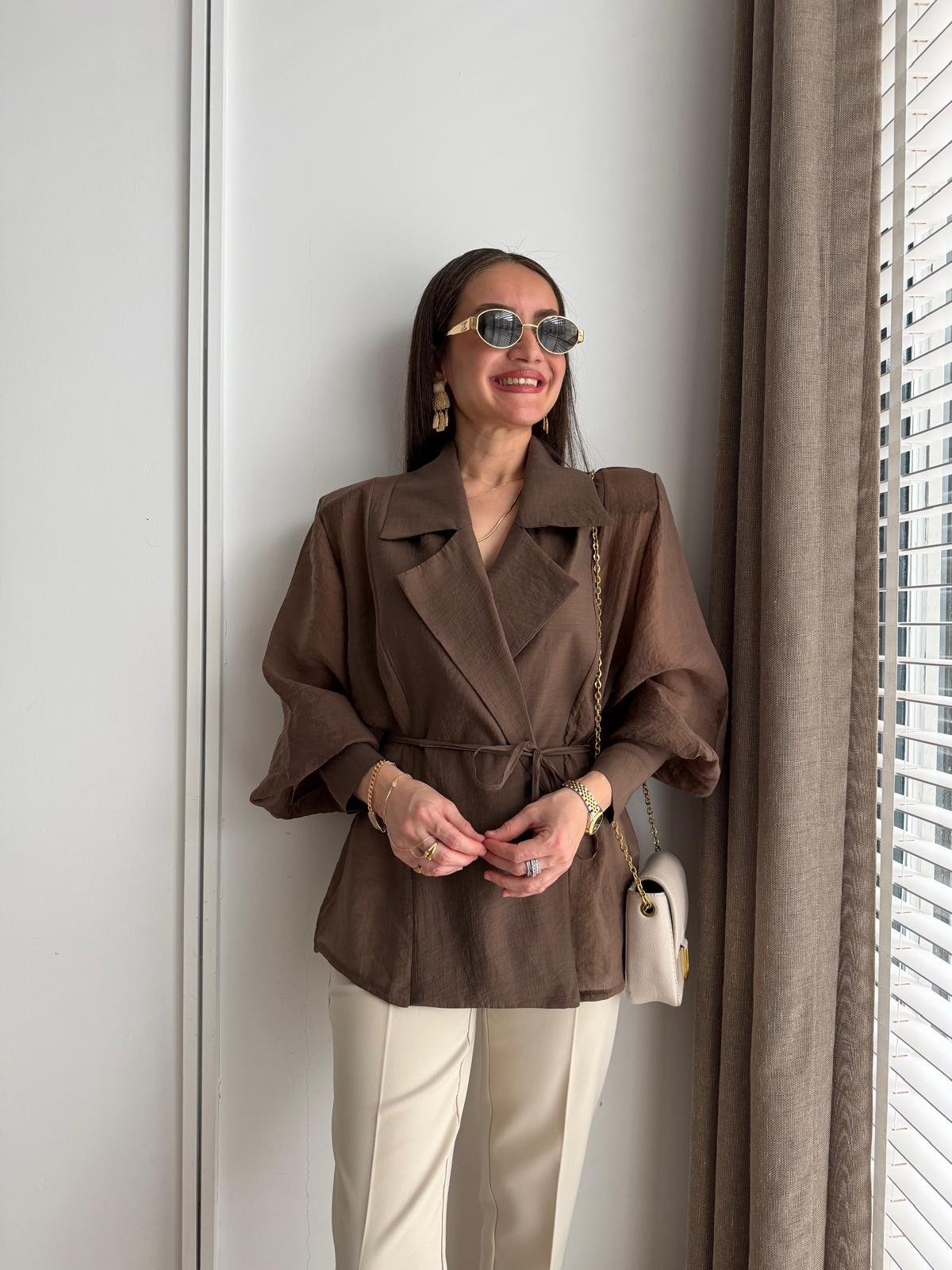 Kahve rengi Vatkalı Transparan Kimono Gömlek 5029
