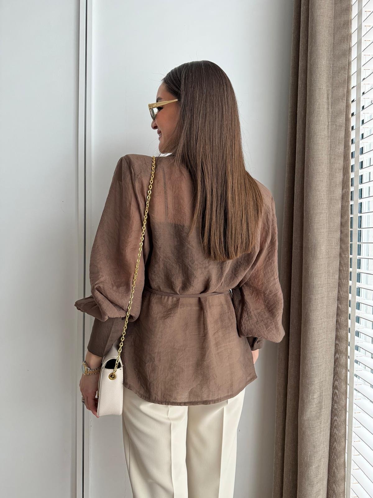 Kahve rengi Vatkalı Transparan Kimono Gömlek 5029