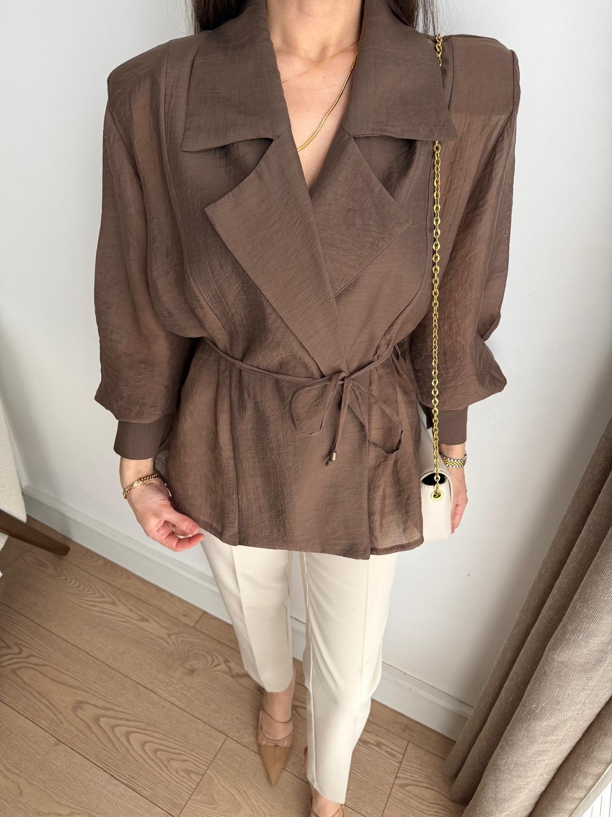 Kahve rengi Vatkalı Transparan Kimono Gömlek 5029