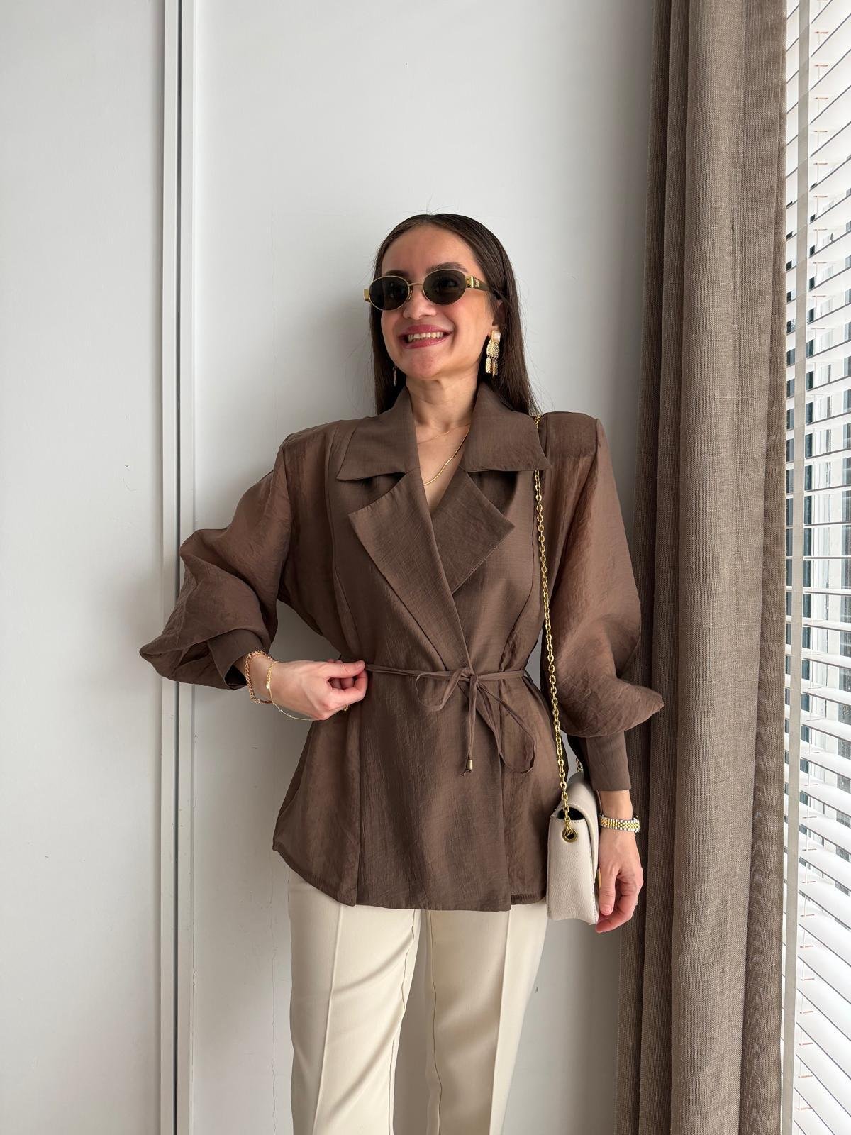 Kahve rengi Vatkalı Transparan Kimono Gömlek 5029