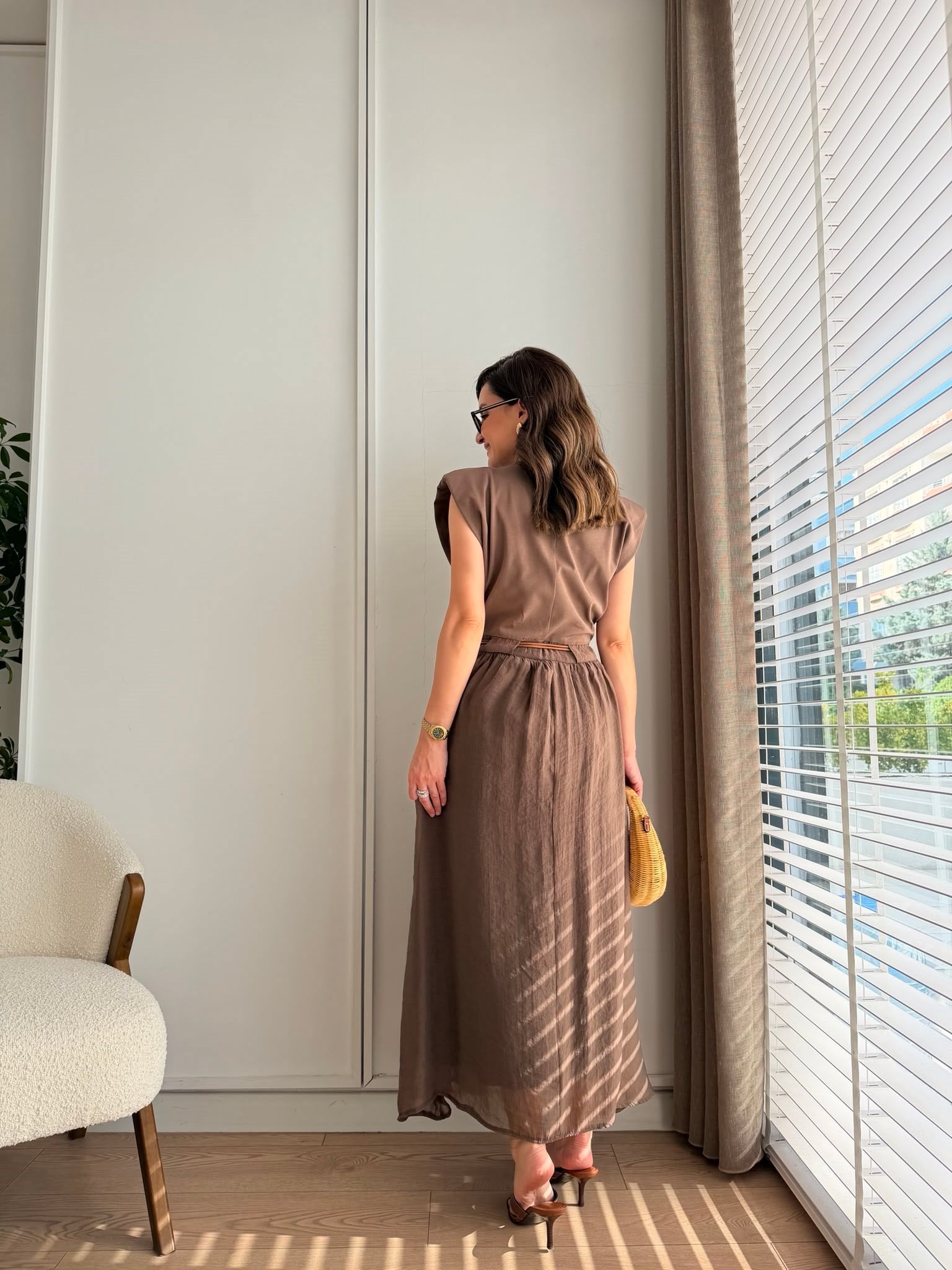 Kahve rengi Vatkalı Tshirt Detaylı Tensel Elbise 0103