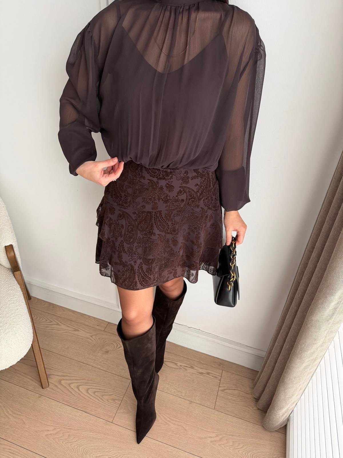 Kahve rengi Yakası Bağlamalı Desenli Mini Elbise 35526
