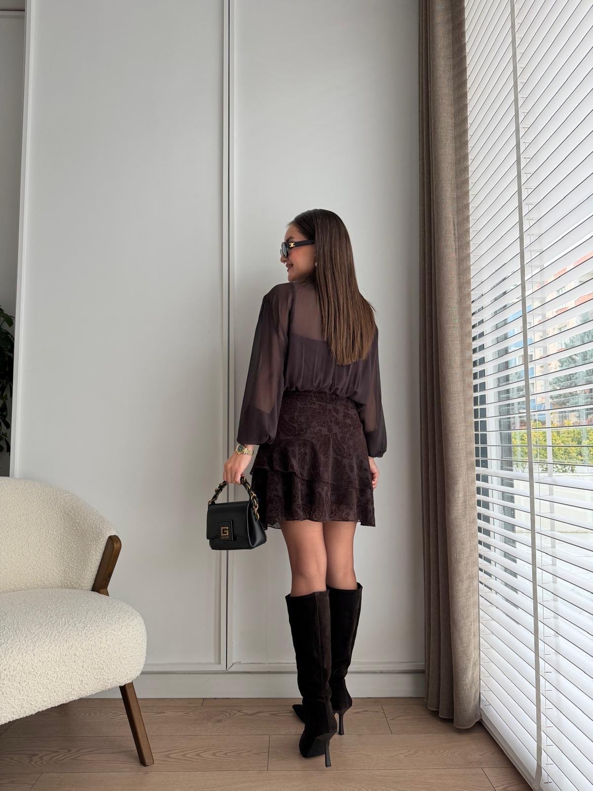 Kahve rengi Yakası Bağlamalı Desenli Mini Elbise 35526