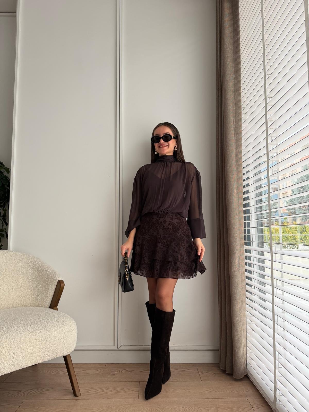 Kahve rengi Yakası Bağlamalı Desenli Mini Elbise 35526