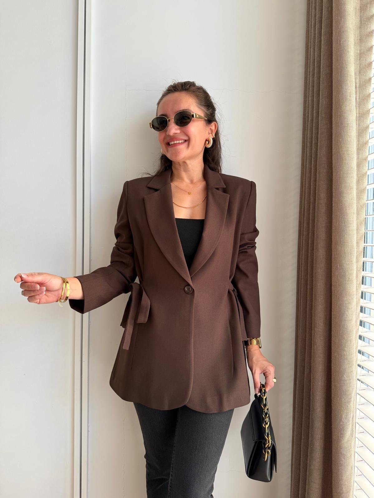 Kahve rengi Yan Bağlamalı Blazer Ceket 7547