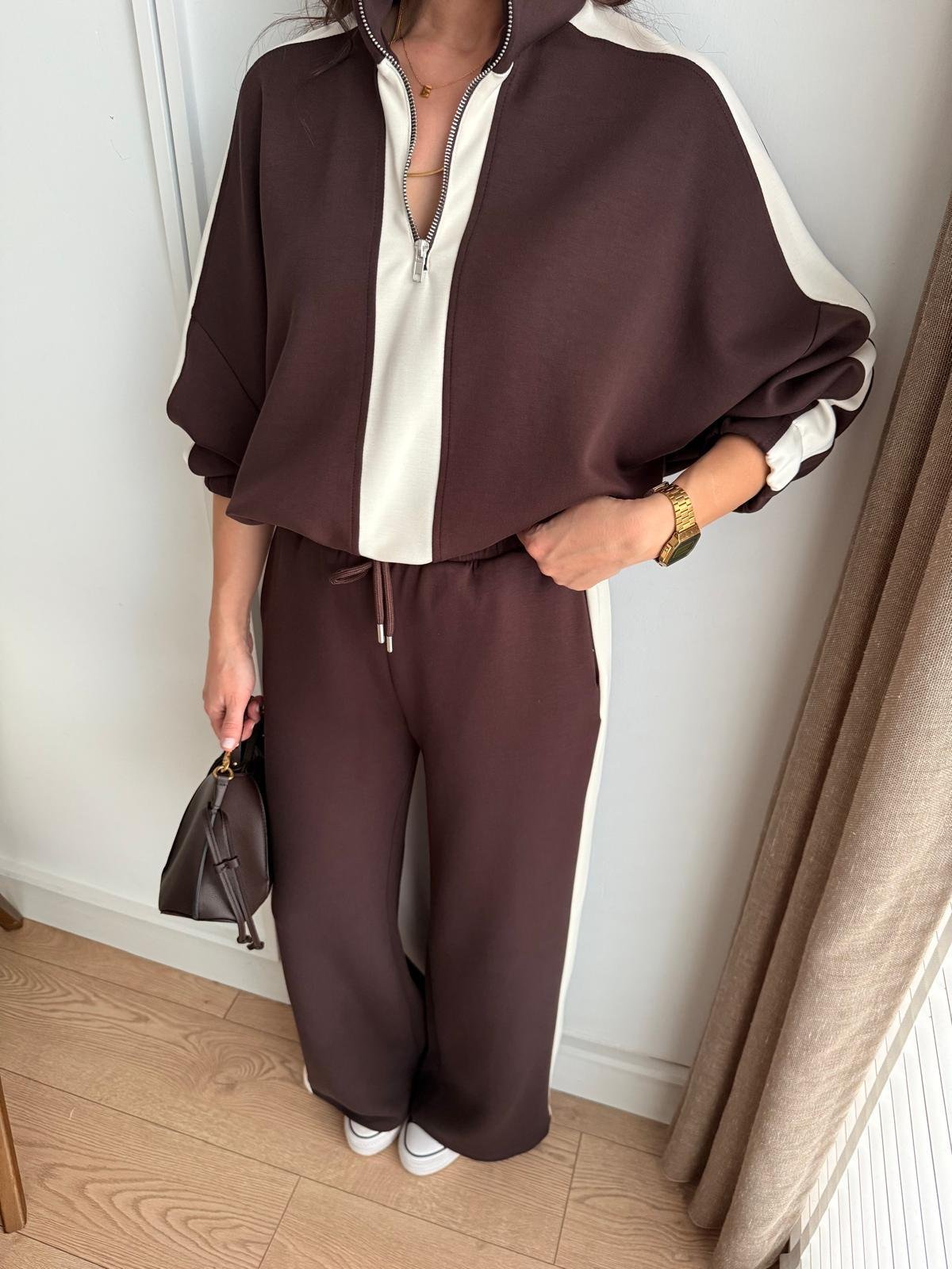 Kahve rengi Yarım Fermuarlı Bel Büzgülü Garnili Takım 35704