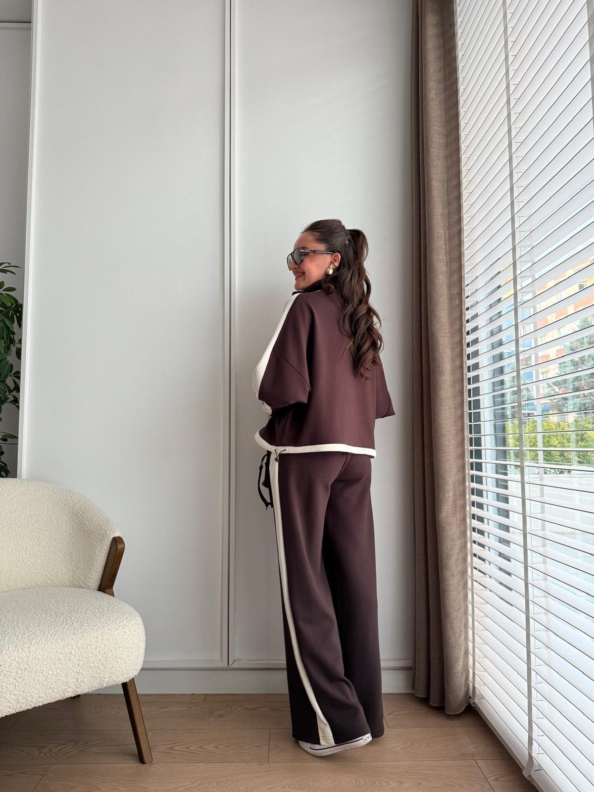 Kahve rengi Yarım Fermuarlı Bel Büzgülü Garnili Takım 35704