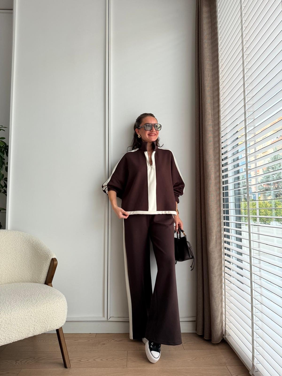 Kahve rengi Yarım Fermuarlı Bel Büzgülü Garnili Takım 35704