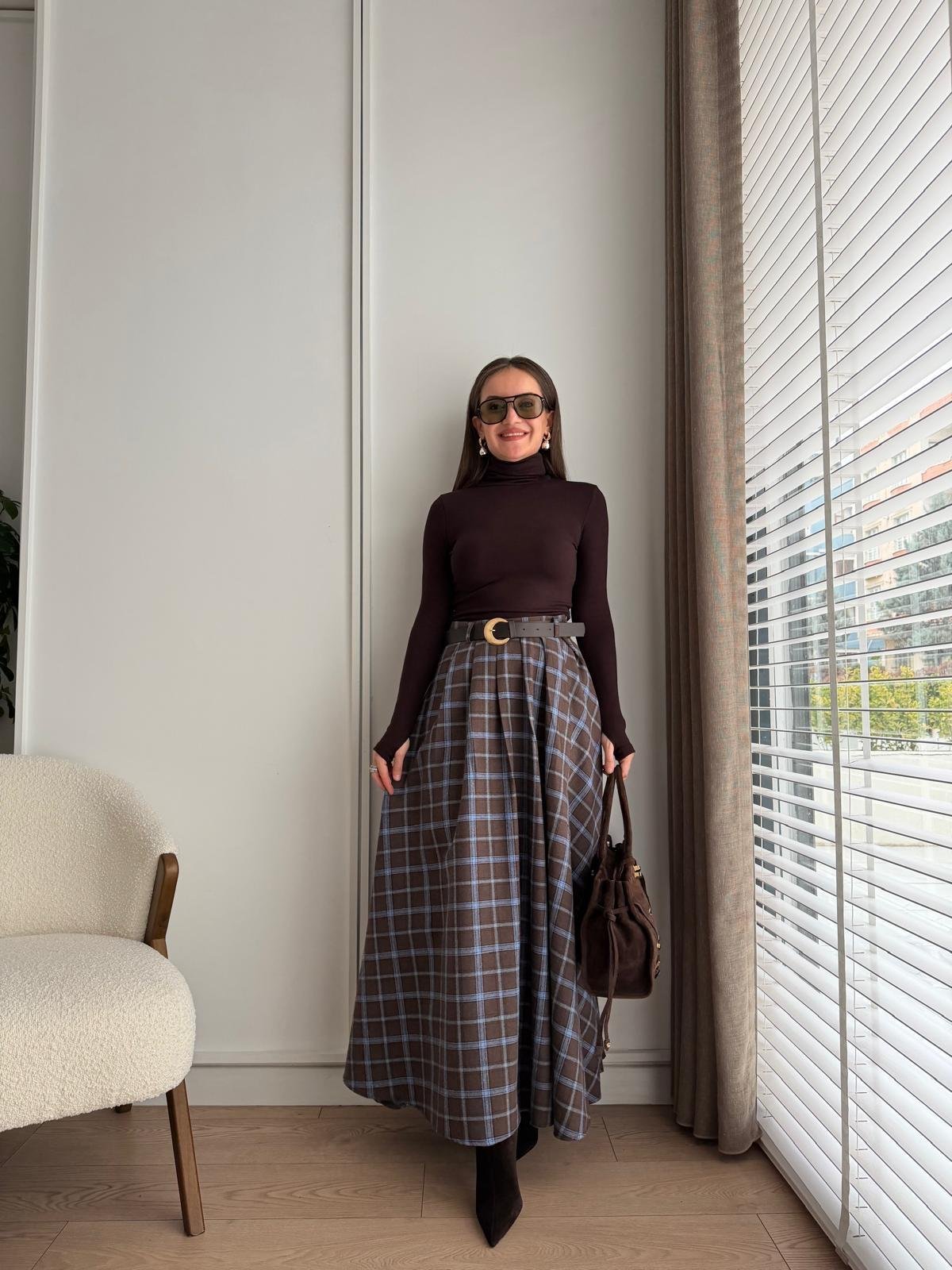 Kahve rengi Yırtmaç Detaylı Ekose Etek 37193