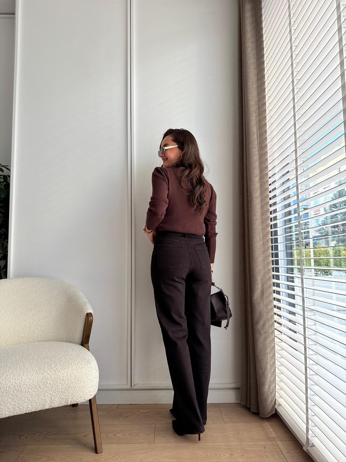 Kahve rengi Yüksek Bel Boru Paça Jean D717