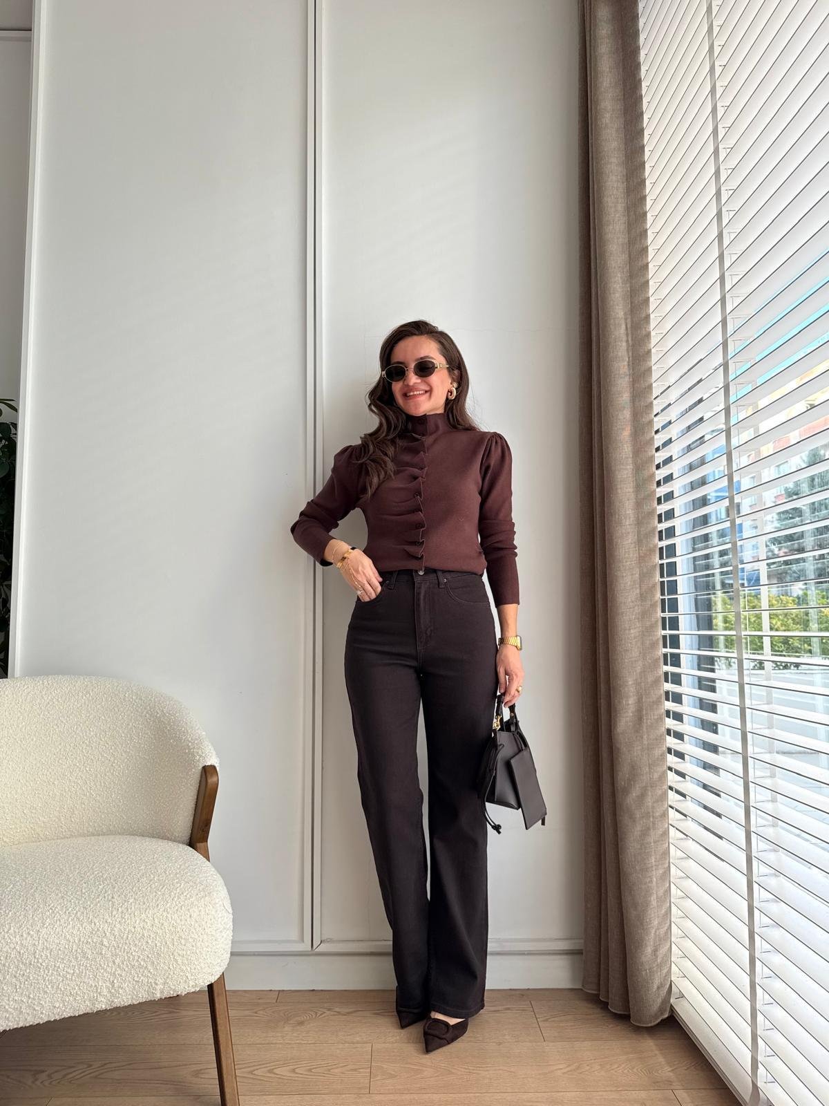 Kahve rengi Yüksek Bel Boru Paça Jean D717